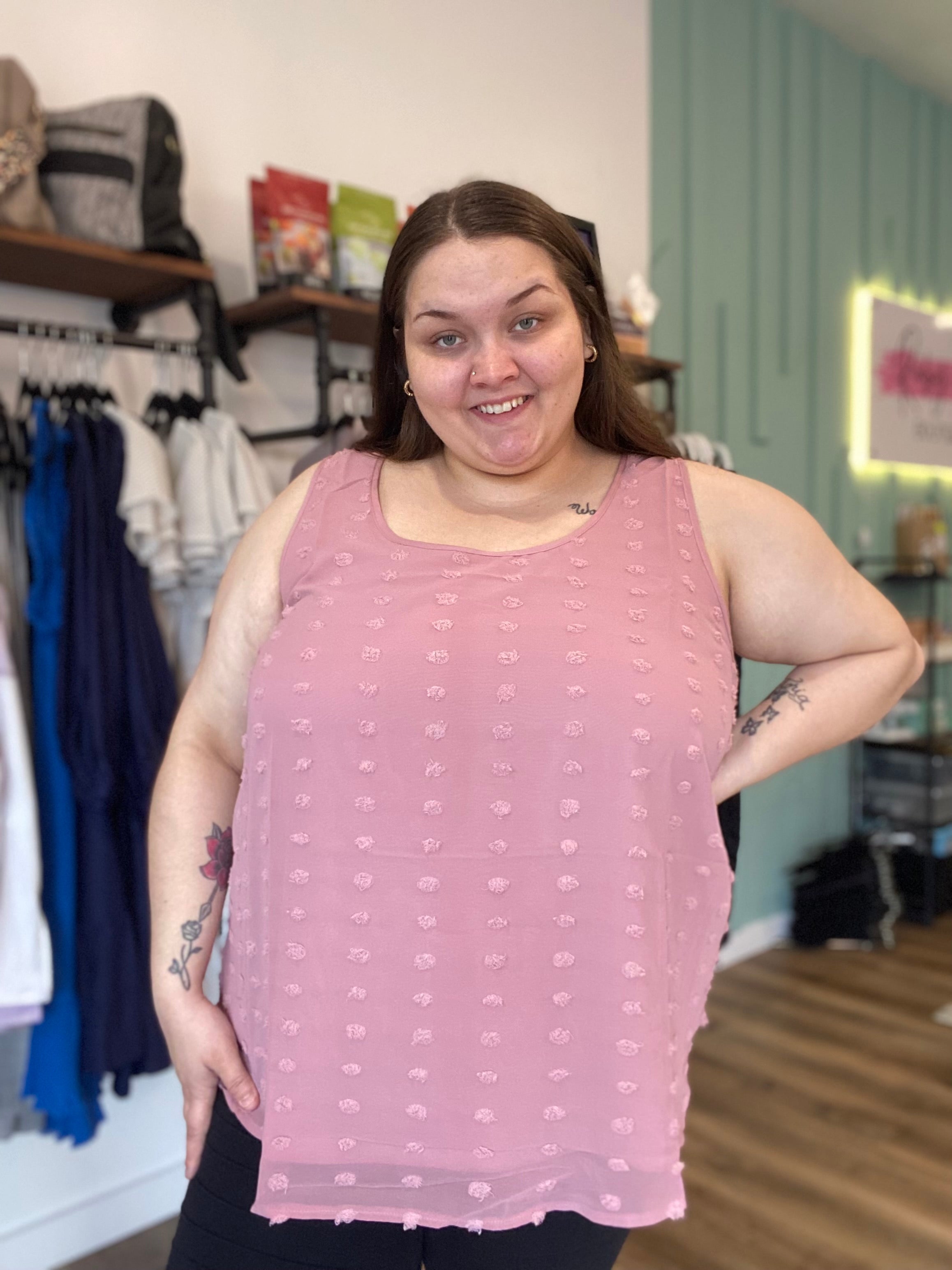Shop Elena Sleeveless Swiss Dot Top-Shirts & Tops at Ruby Joy Boutique, a Women's Clothing Store in Pickerington, Ohio