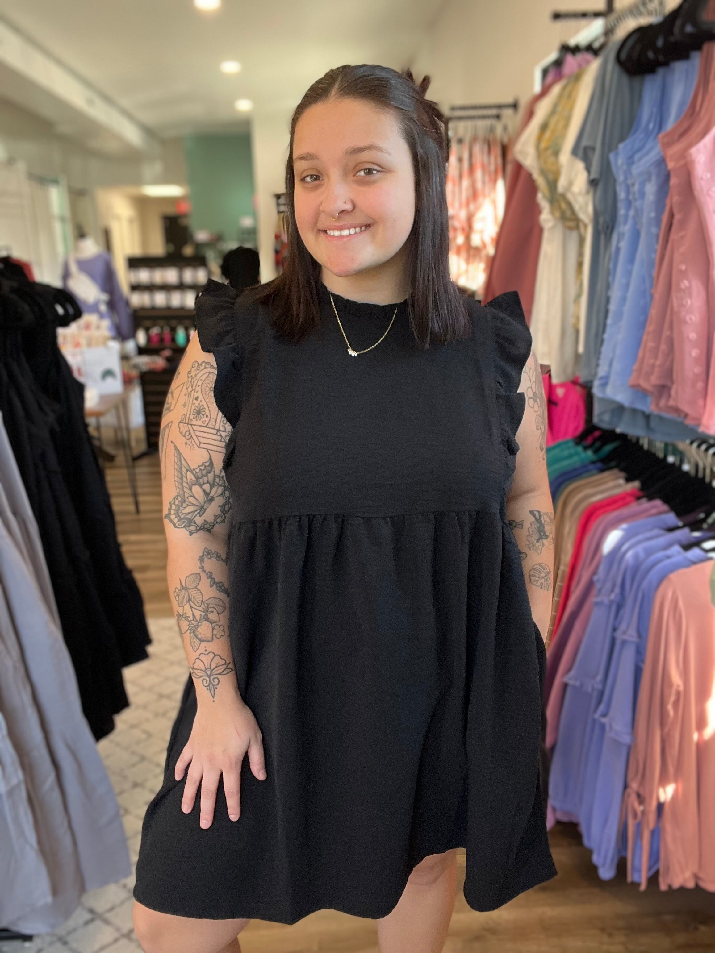 Shop Ellie Gauzy Dress - Black-Dresses at Ruby Joy Boutique, a Women's Clothing Store in Pickerington, Ohio