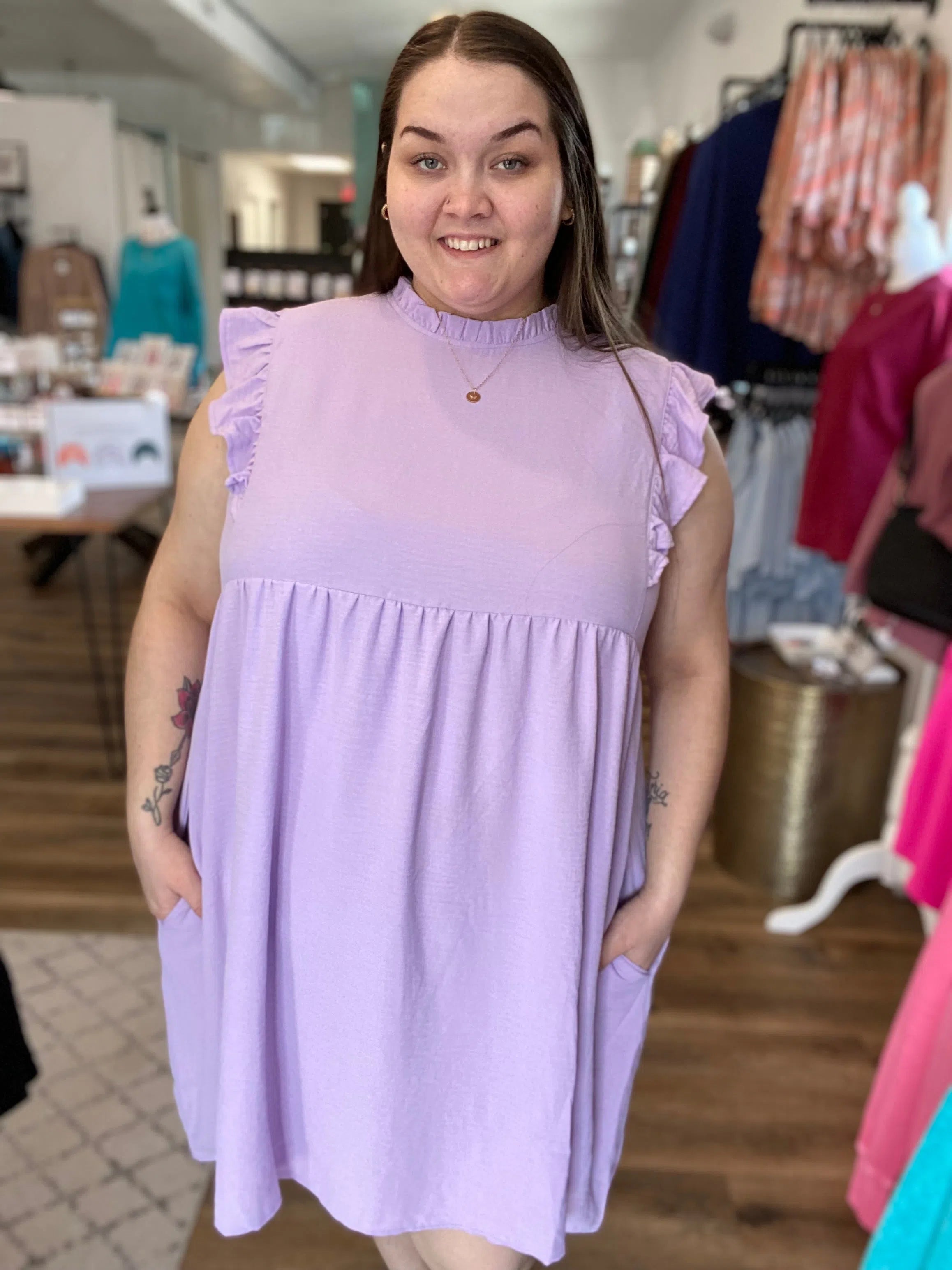 Shop Ellie Gauzy Dress - Lavender-Dresses at Ruby Joy Boutique, a Women's Clothing Store in Pickerington, Ohio