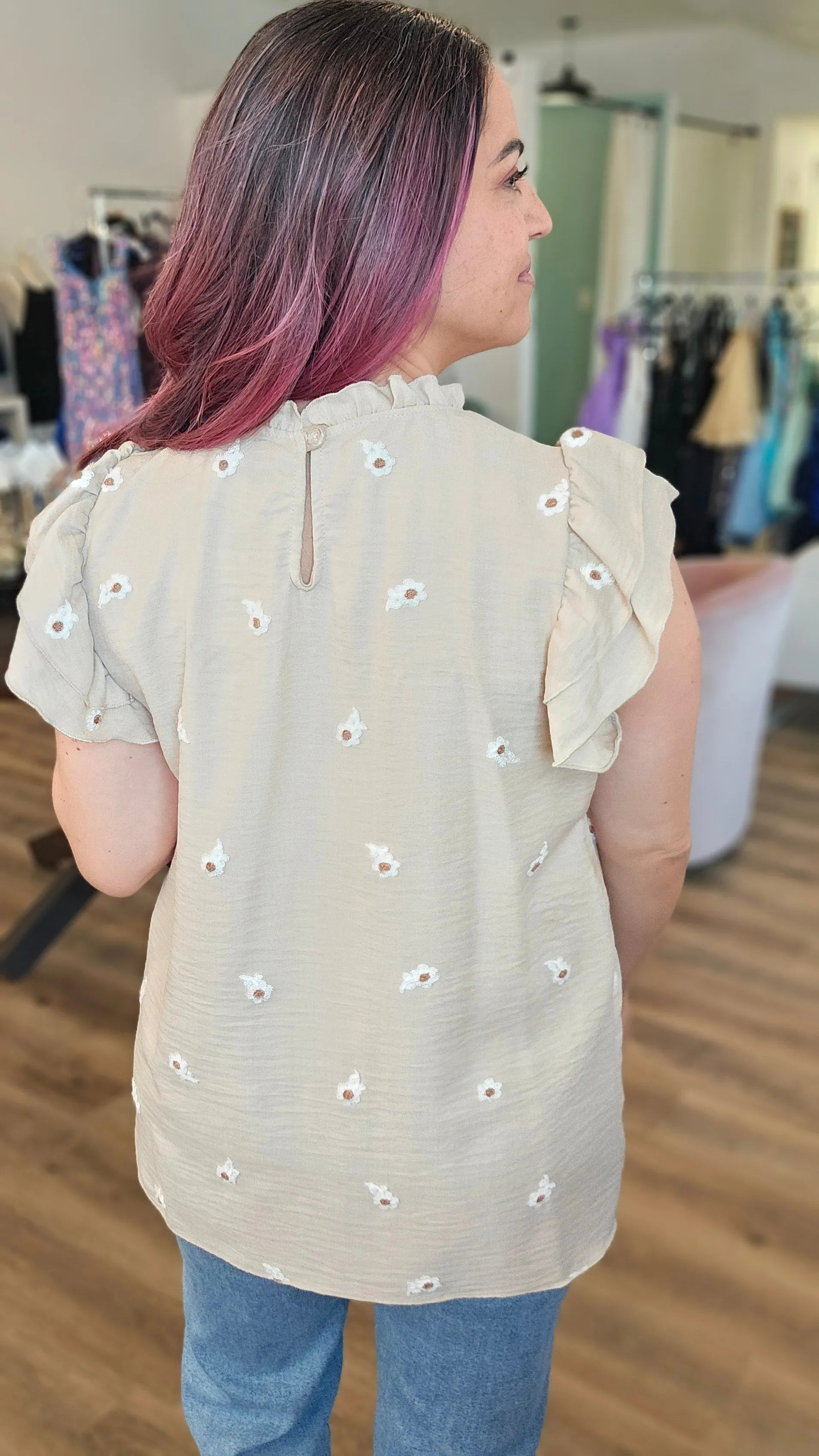 Shop Embroidered Floral Flutter Sleeve Top- at Ruby Joy Boutique, a Women's Clothing Store in Pickerington, Ohio