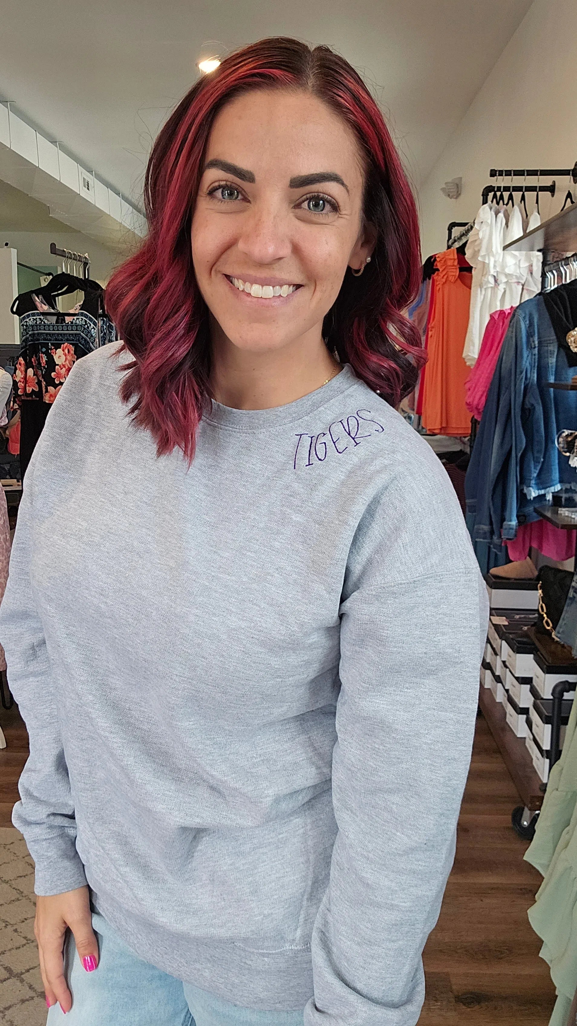 Shop Embroidered Mascot Sweatshirts - Pickerington Central Tigers-sweatshirt at Ruby Joy Boutique, a Women's Clothing Store in Pickerington, Ohio