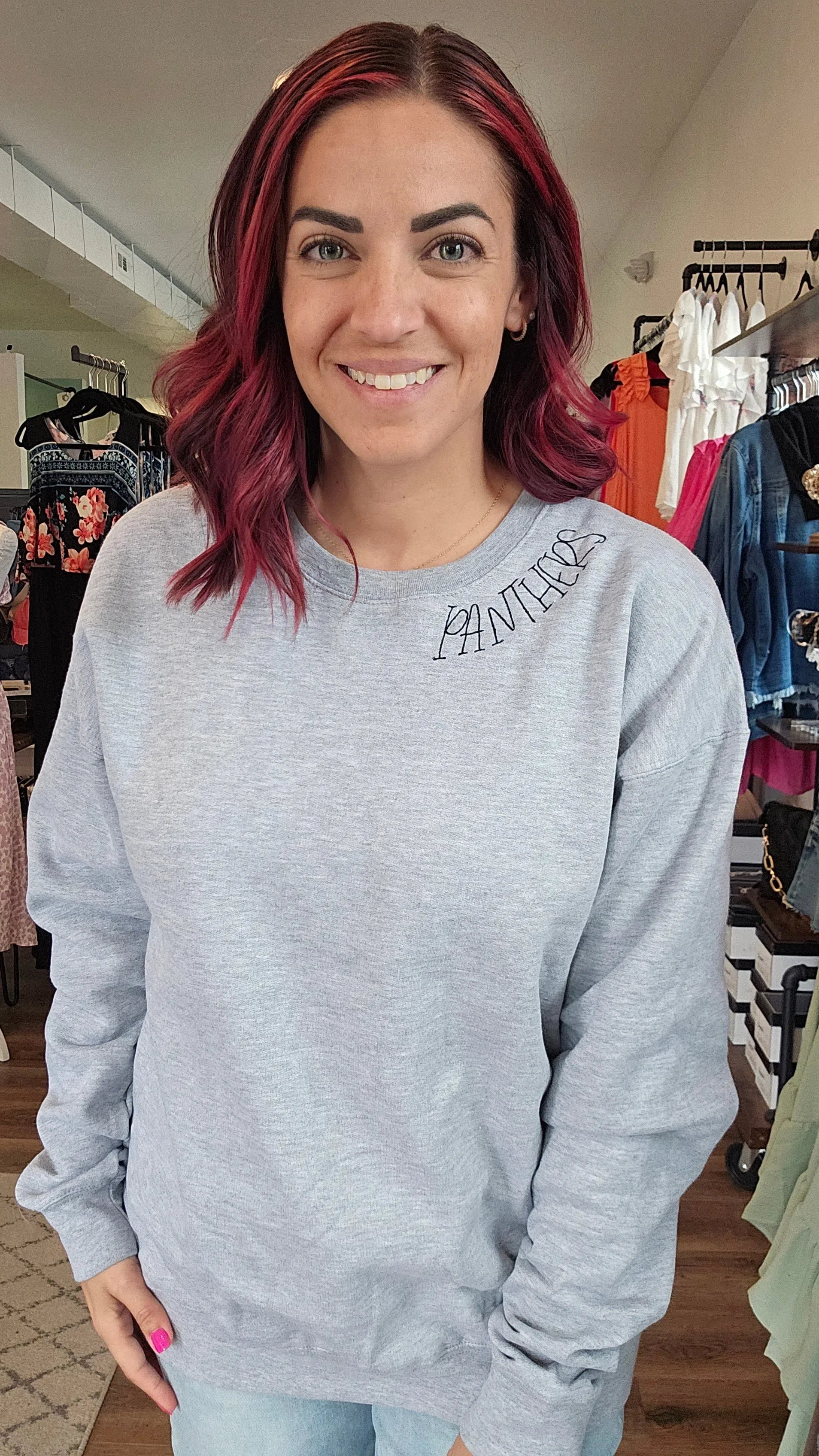 Shop Embroidered Mascot Sweatshirts - Pickerington North Panthers-sweatshirt at Ruby Joy Boutique, a Women's Clothing Store in Pickerington, Ohio
