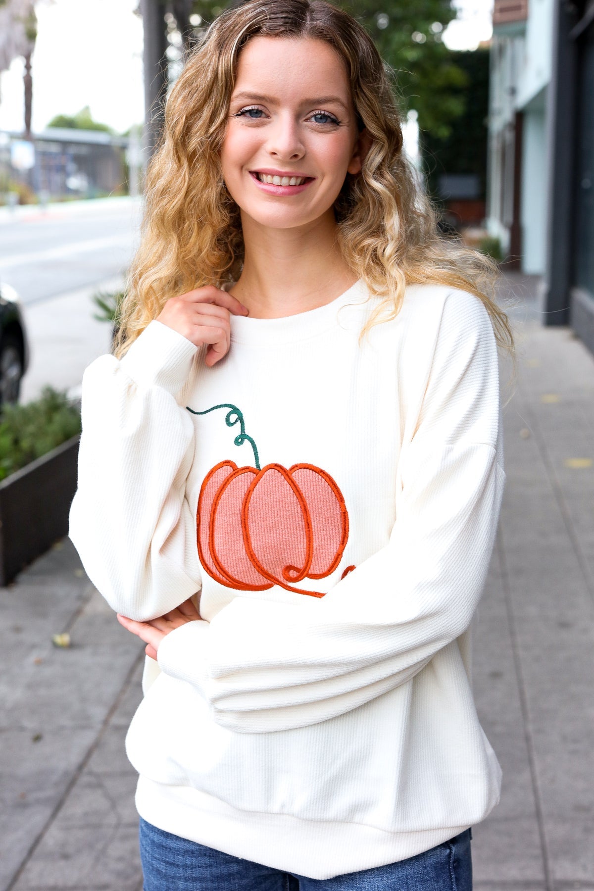 Shop Embroidered Pumpkin Knit Sweater-Sweater at Ruby Joy Boutique, a Women's Clothing Store in Pickerington, Ohio