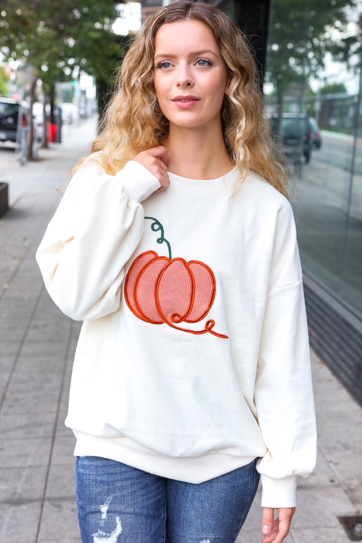 Shop Embroidered Pumpkin Knit Sweater-Sweater at Ruby Joy Boutique, a Women's Clothing Store in Pickerington, Ohio