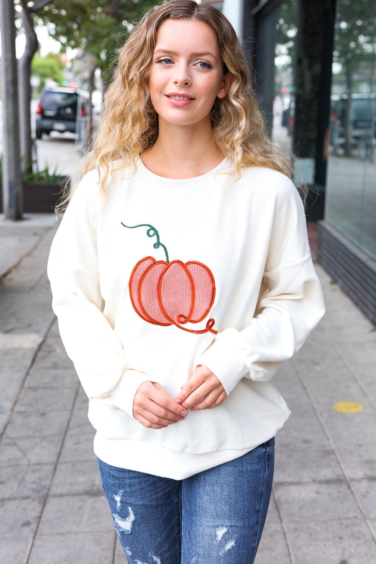 Shop Embroidered Pumpkin Knit Sweater-Sweater at Ruby Joy Boutique, a Women's Clothing Store in Pickerington, Ohio