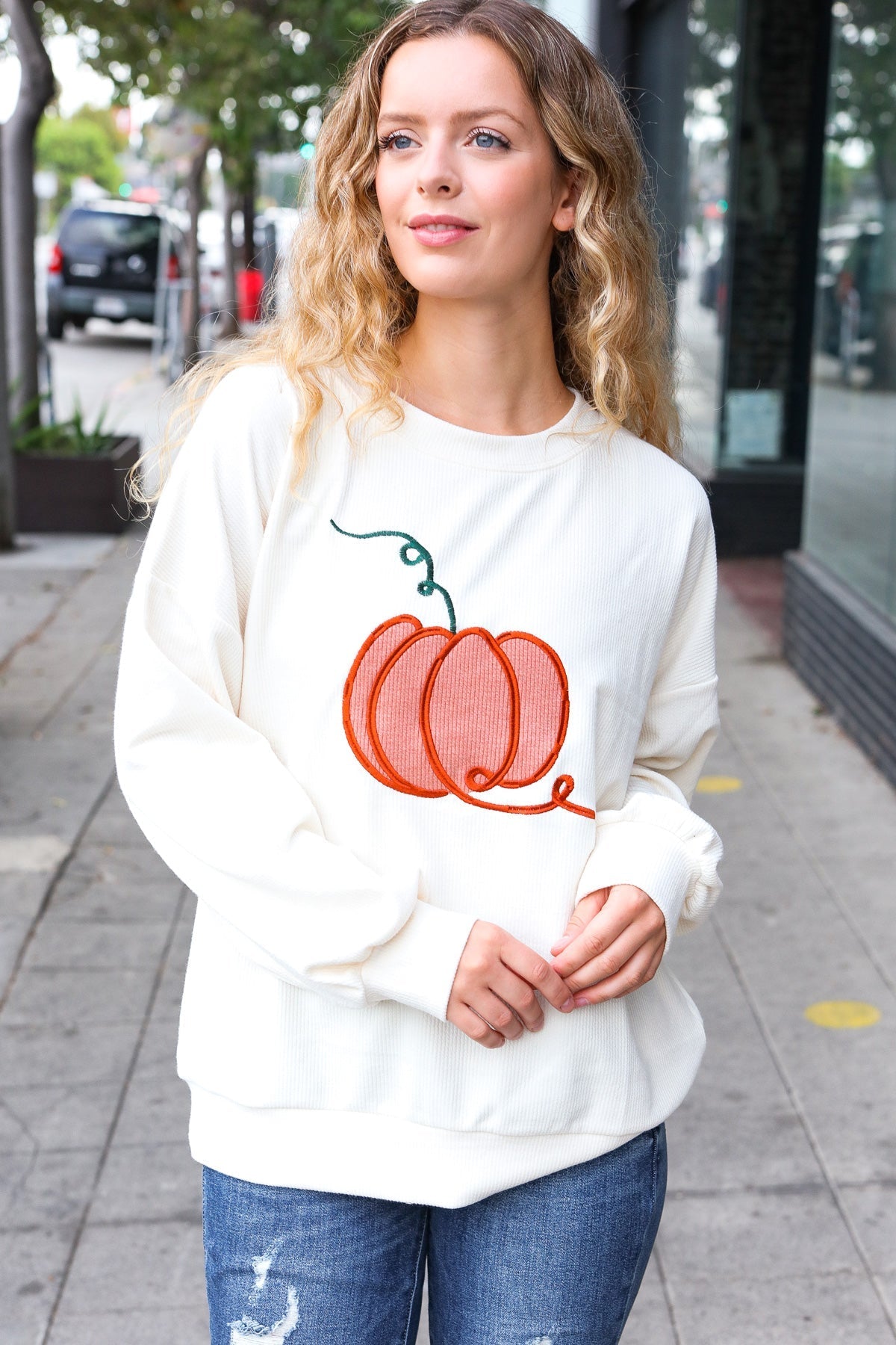 Shop Embroidered Pumpkin Knit Sweater-Sweater at Ruby Joy Boutique, a Women's Clothing Store in Pickerington, Ohio