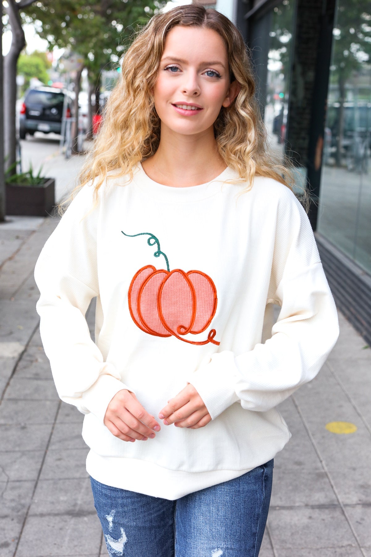 Shop Embroidered Pumpkin Knit Sweater-Sweater at Ruby Joy Boutique, a Women's Clothing Store in Pickerington, Ohio