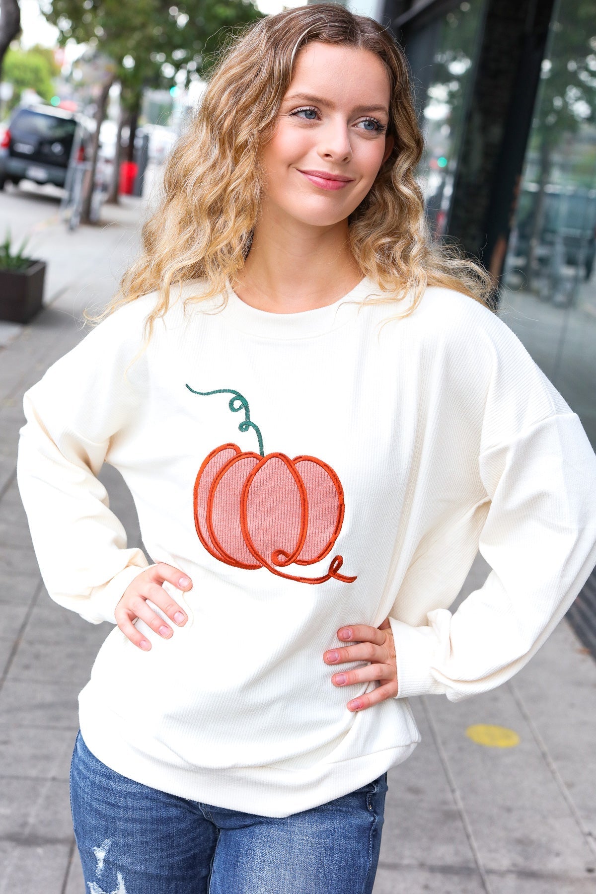 Shop Embroidered Pumpkin Knit Sweater-Sweater at Ruby Joy Boutique, a Women's Clothing Store in Pickerington, Ohio