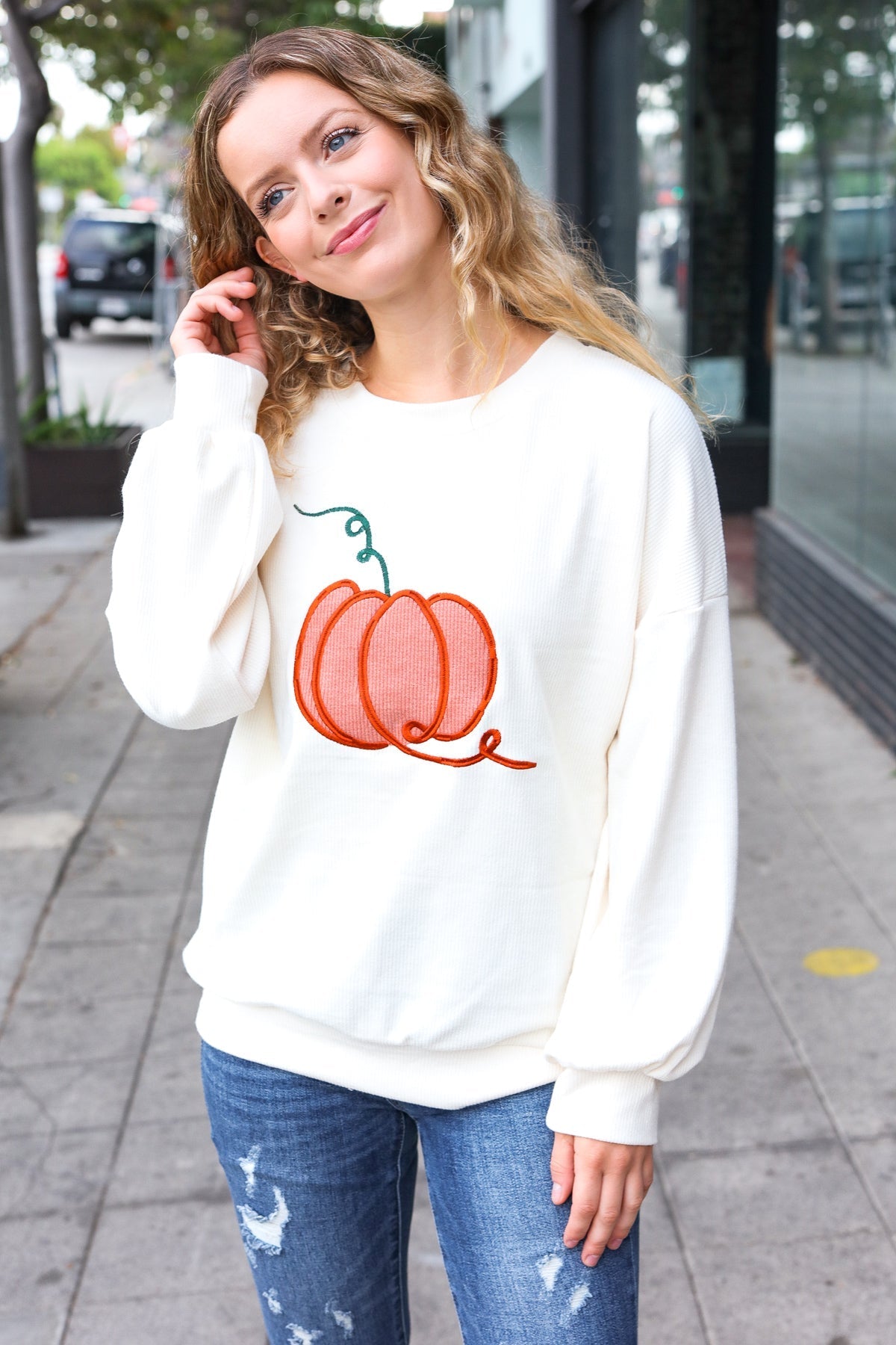 Shop Embroidered Pumpkin Knit Sweater-Sweater at Ruby Joy Boutique, a Women's Clothing Store in Pickerington, Ohio