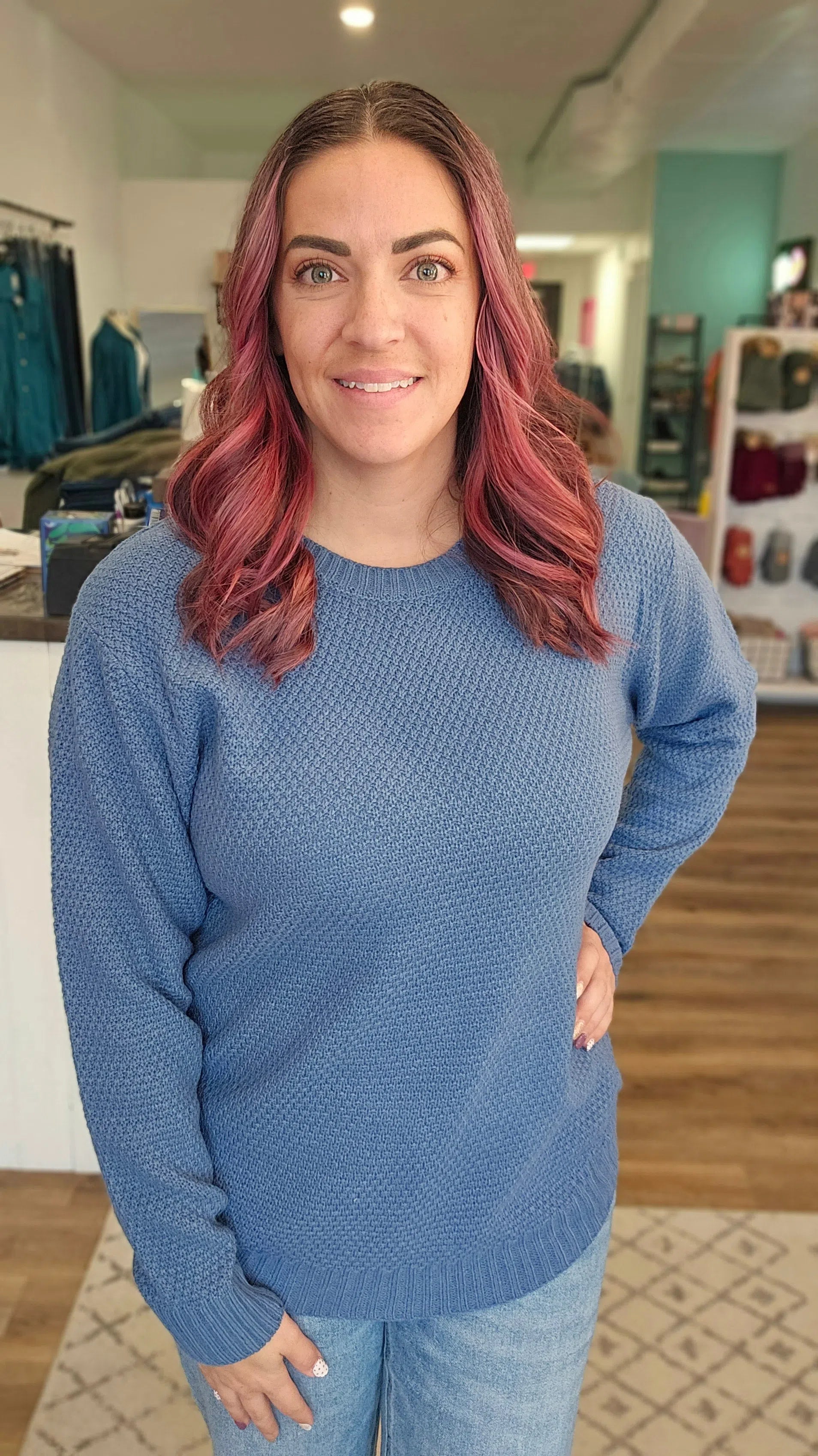 Shop Emerson Classic Knit Sweater - Dusty Blue-Sweater at Ruby Joy Boutique, a Women's Clothing Store in Pickerington, Ohio