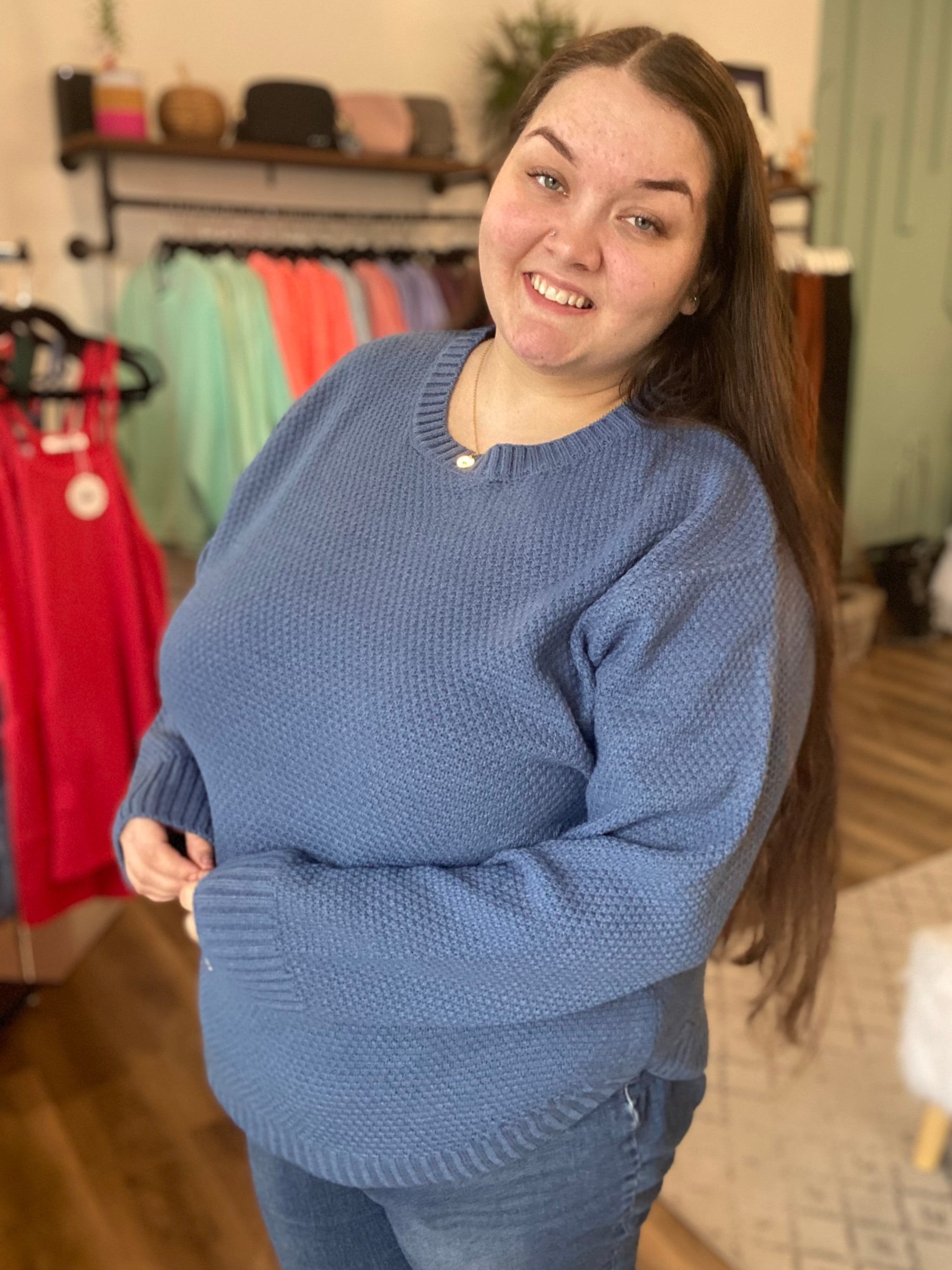 Shop Emerson Classic Knit Sweater - Dusty Blue-Sweater at Ruby Joy Boutique, a Women's Clothing Store in Pickerington, Ohio