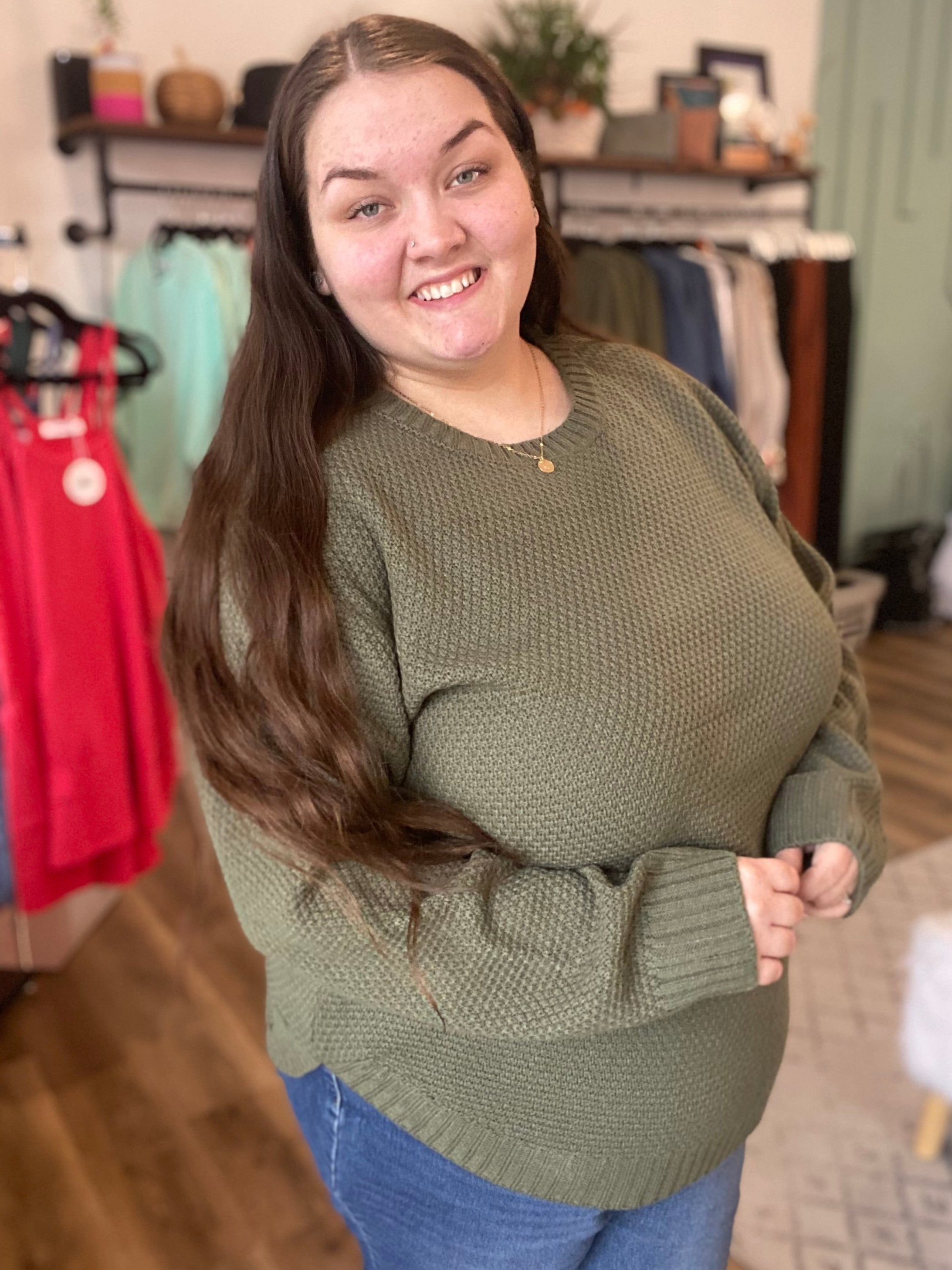 Shop Emerson Classic Knit Sweater - Olive Green-Sweater at Ruby Joy Boutique, a Women's Clothing Store in Pickerington, Ohio