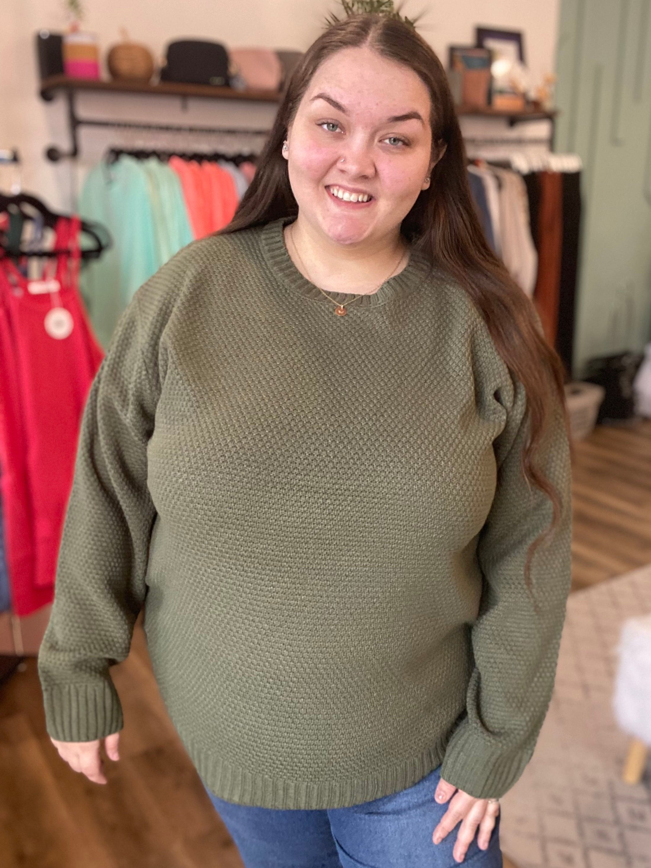 Shop Emerson Classic Knit Sweater - Olive Green-Sweater at Ruby Joy Boutique, a Women's Clothing Store in Pickerington, Ohio