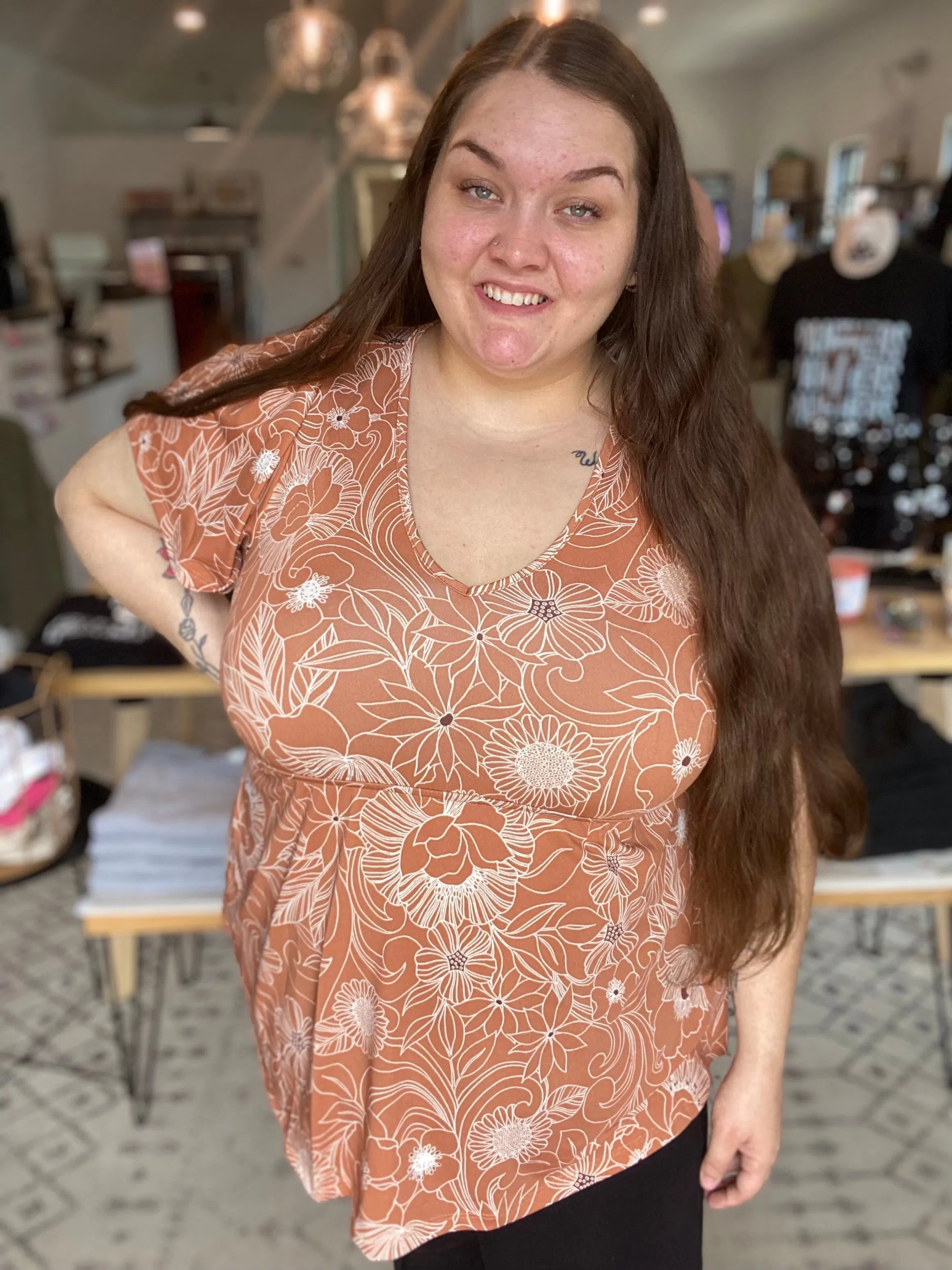 Shop Emery Ruffle Top - Cocoa Floral-Short Sleeve Top at Ruby Joy Boutique, a Women's Clothing Store in Pickerington, Ohio