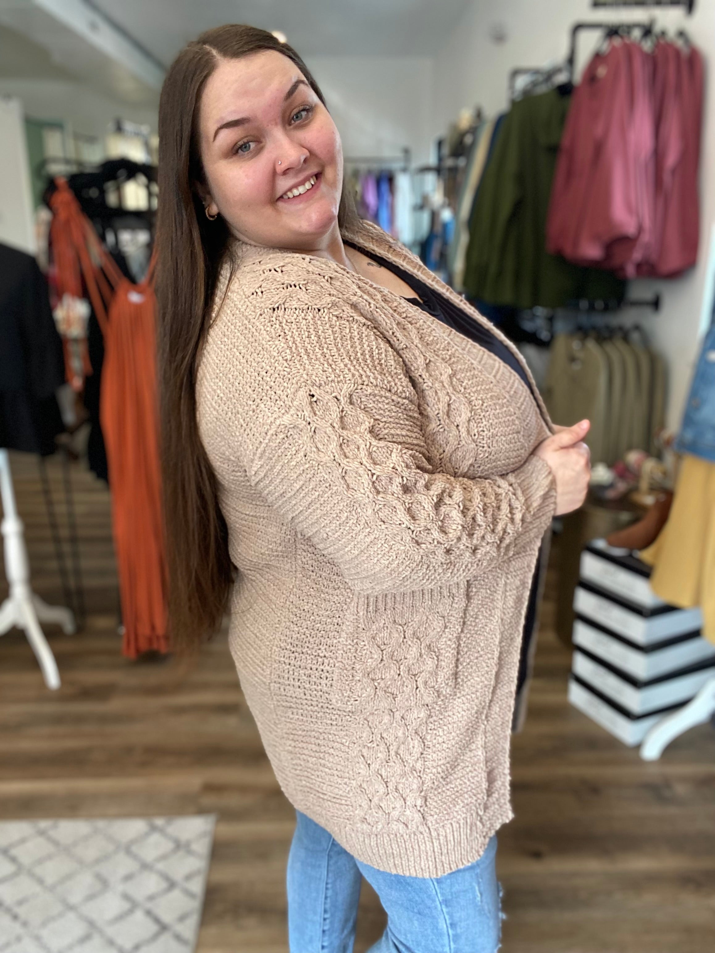 Shop Emma Cable Knit Cardigan - Latte-Cardigan at Ruby Joy Boutique, a Women's Clothing Store in Pickerington, Ohio