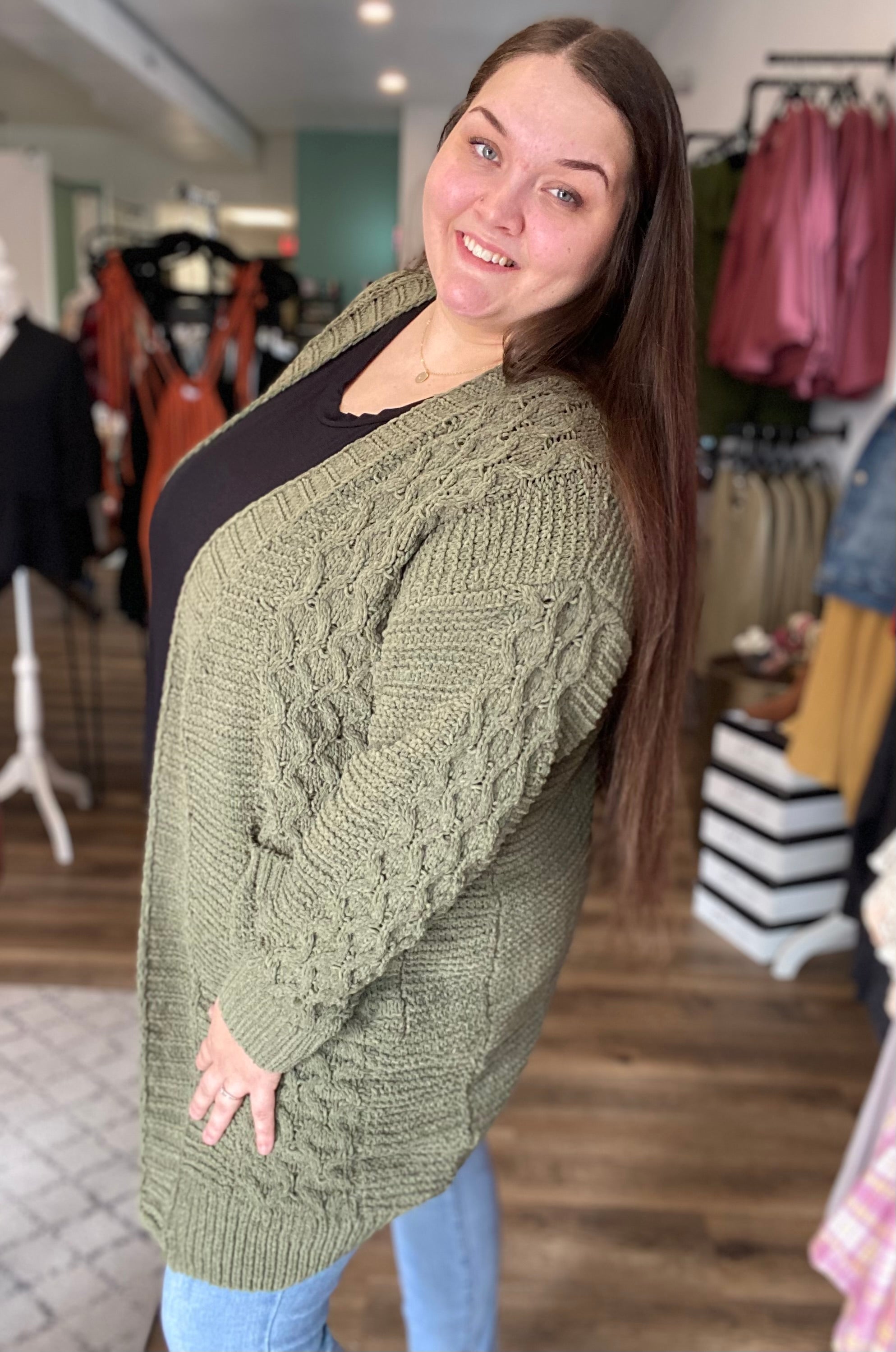 Shop Emma Cable Knit Cardigan - Olive-Cardigan at Ruby Joy Boutique, a Women's Clothing Store in Pickerington, Ohio