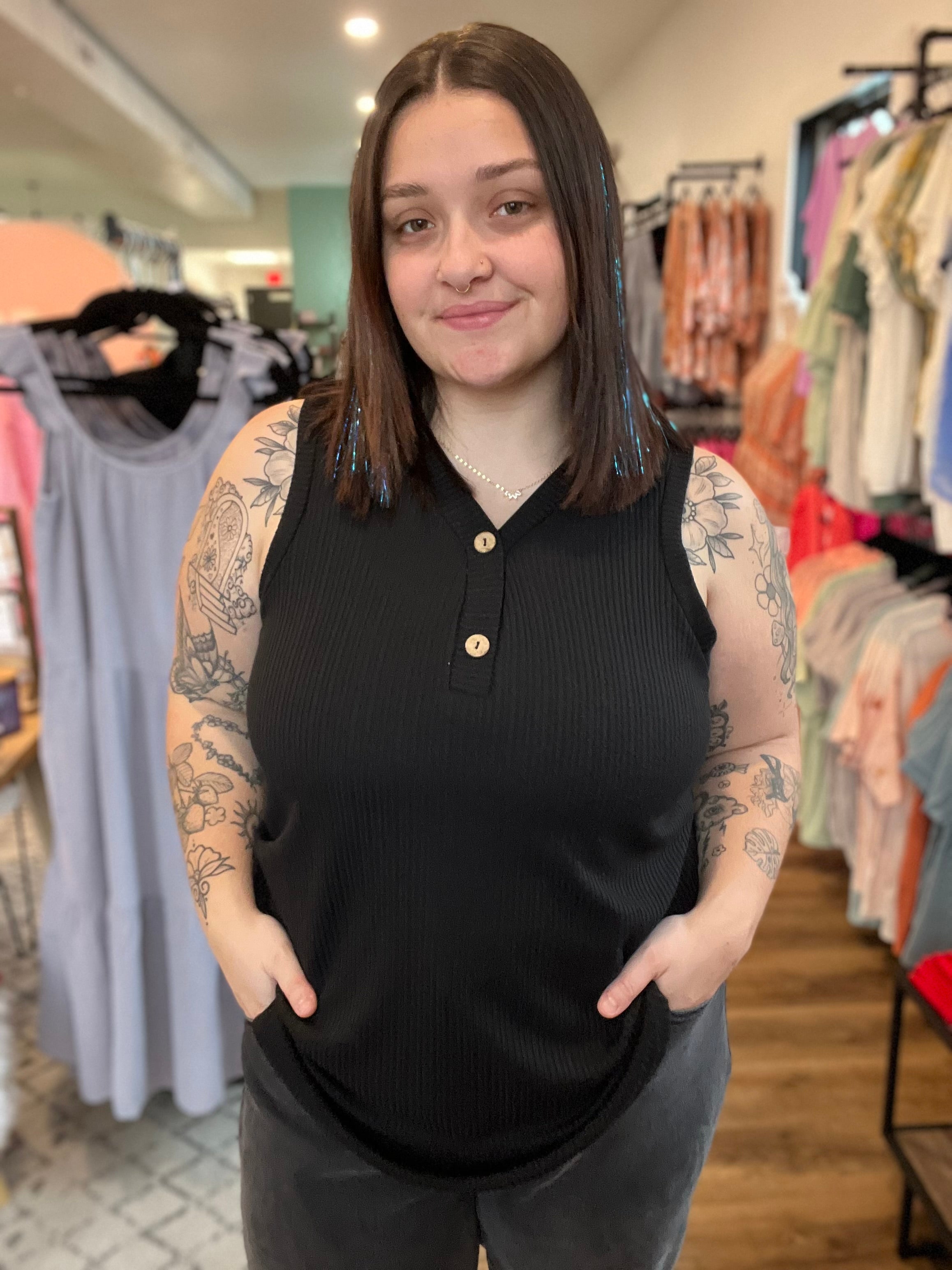 Shop Essential Black Henley Tank Top-Blouse at Ruby Joy Boutique, a Women's Clothing Store in Pickerington, Ohio