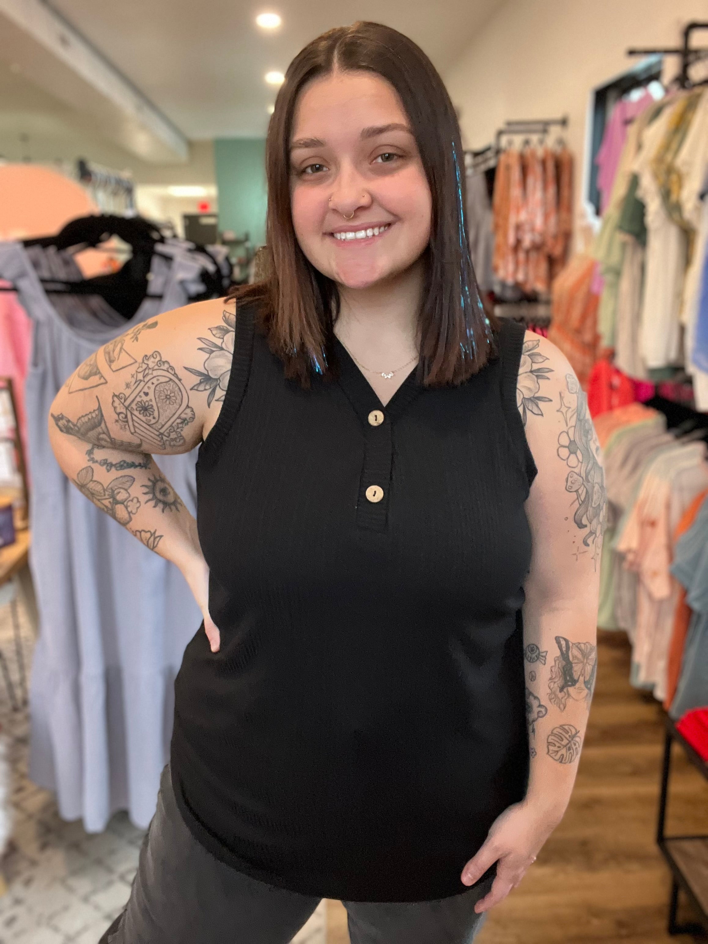 Shop Essential Black Henley Tank Top-Blouse at Ruby Joy Boutique, a Women's Clothing Store in Pickerington, Ohio