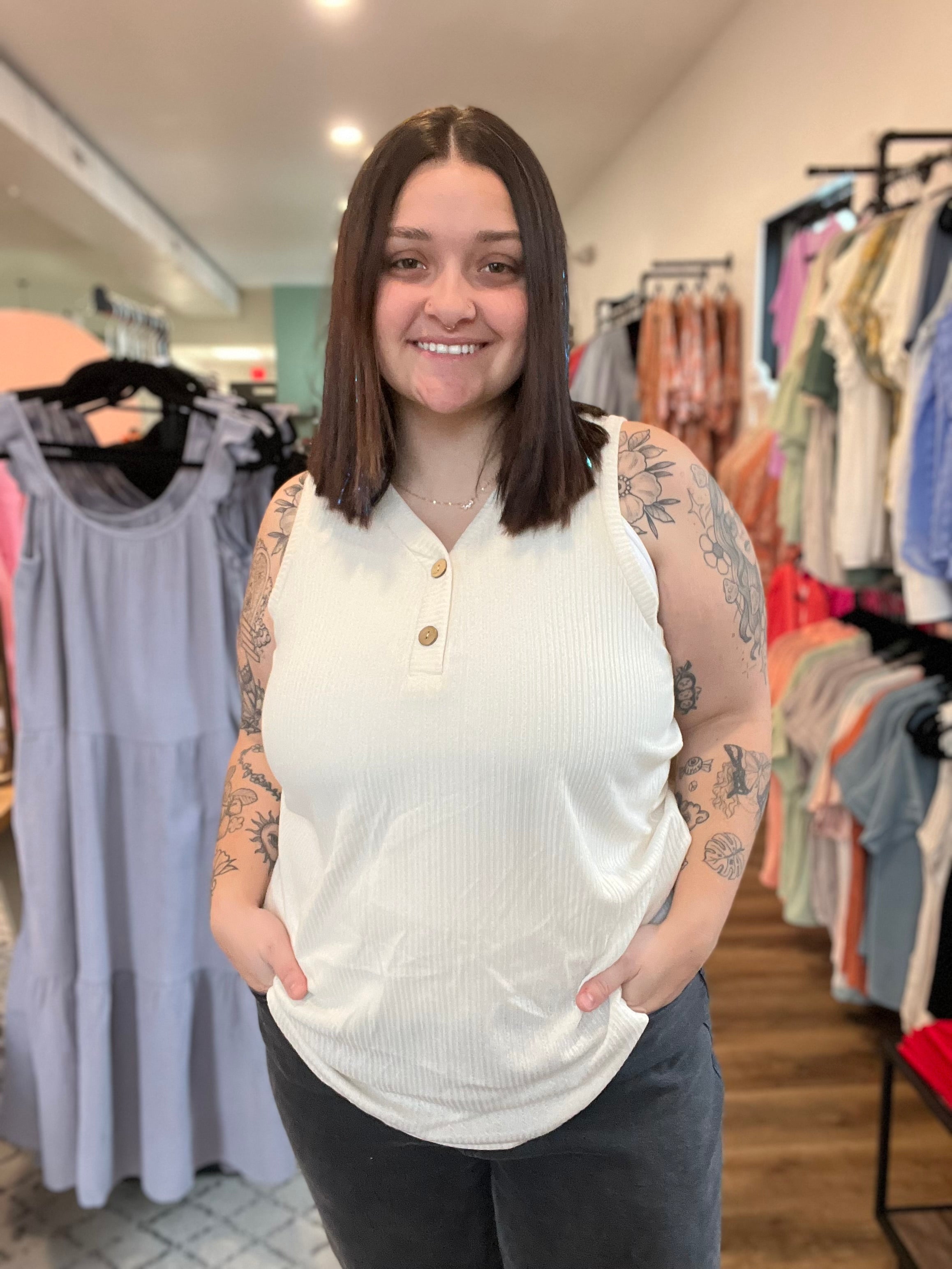 Shop Essential Ivory Henley Tank Top-Shirts & Tops at Ruby Joy Boutique, a Women's Clothing Store in Pickerington, Ohio