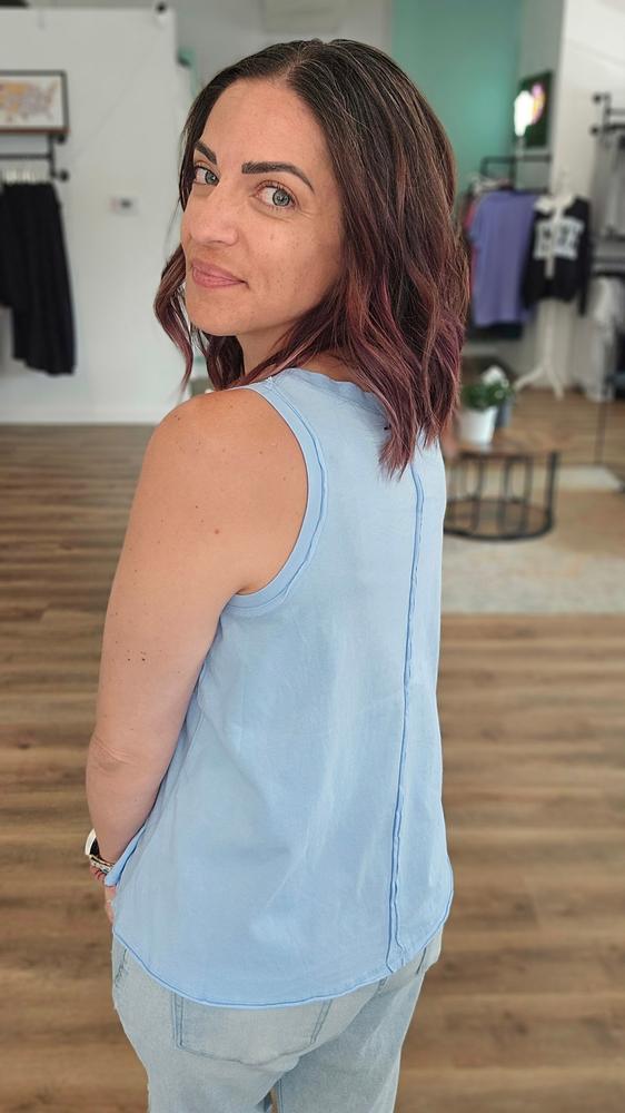 Shop Essential Raw Edge Tank - Sky Blue- at Ruby Joy Boutique, a Women's Clothing Store in Pickerington, Ohio