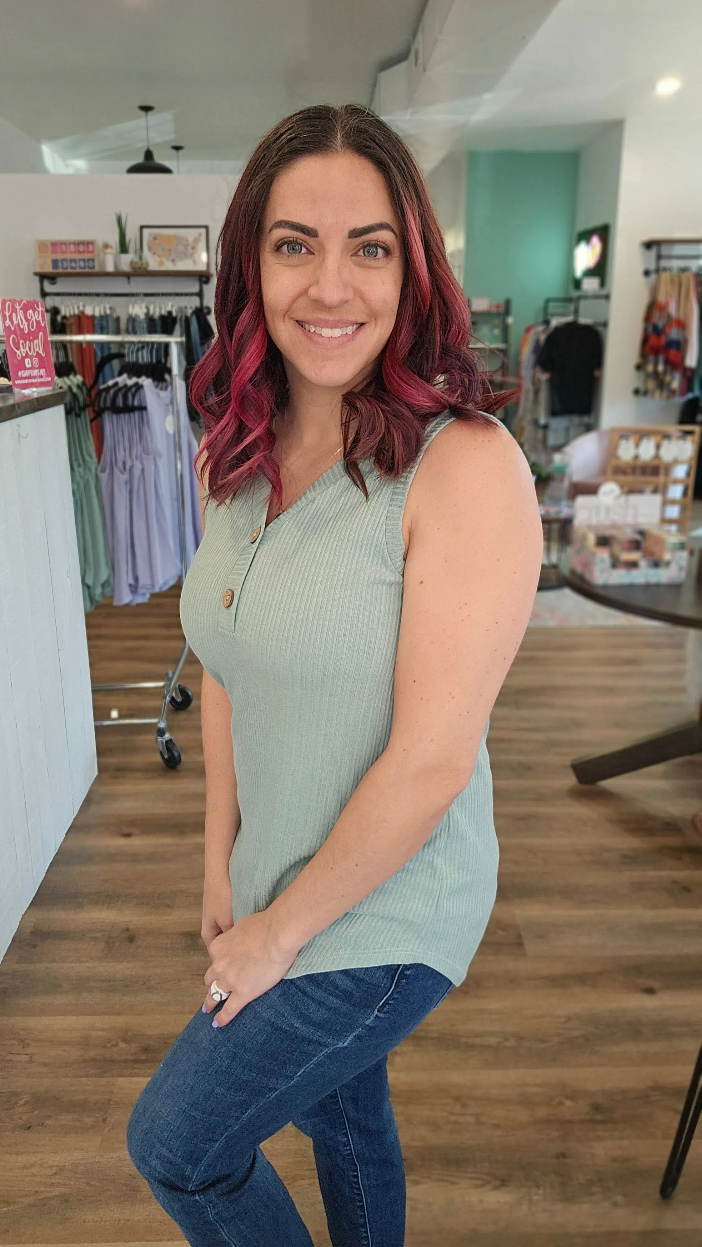 Shop Essential Sage Henley Tank Top-Blouse at Ruby Joy Boutique, a Women's Clothing Store in Pickerington, Ohio