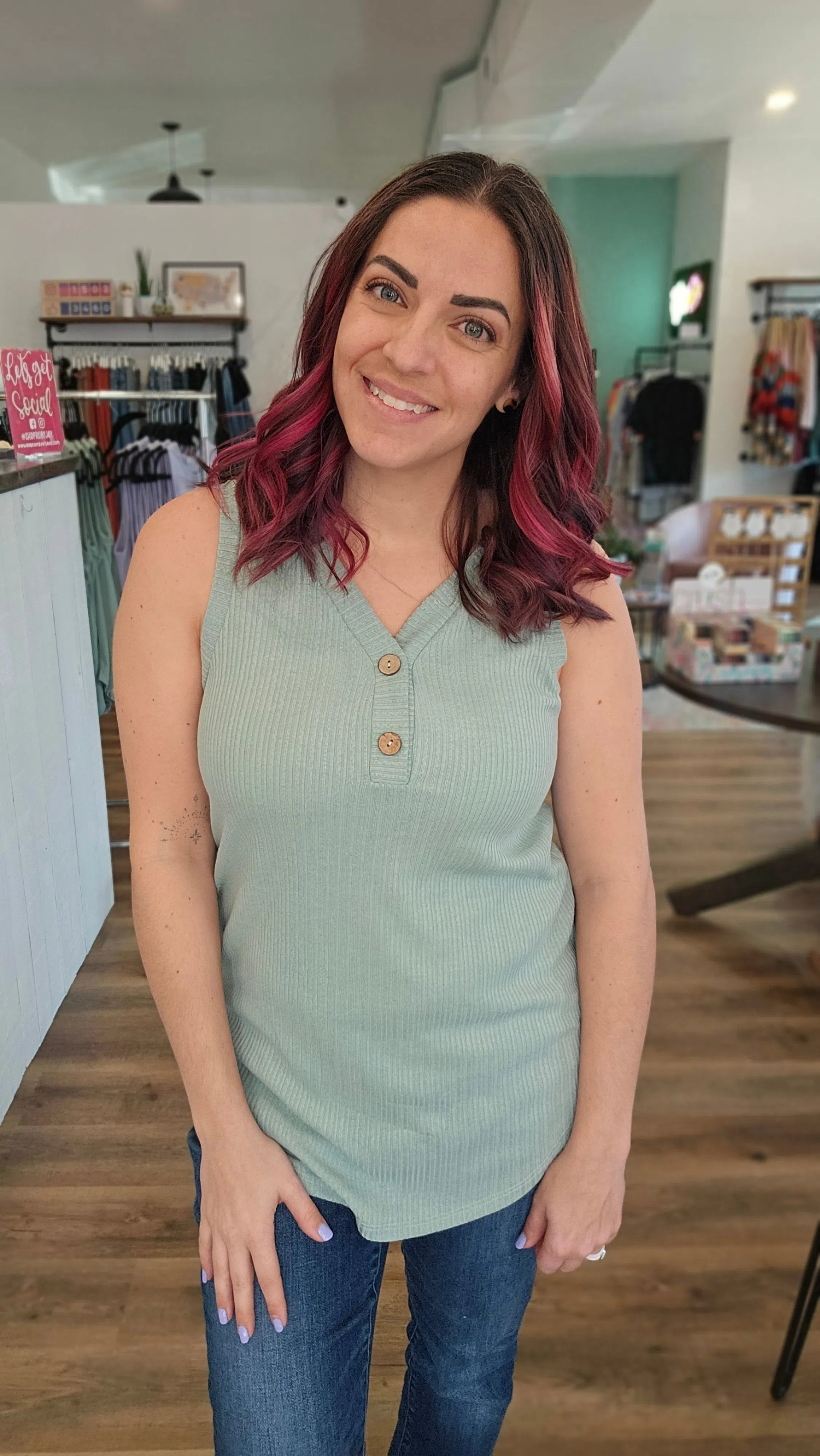 Shop Essential Sage Henley Tank Top-Blouse at Ruby Joy Boutique, a Women's Clothing Store in Pickerington, Ohio