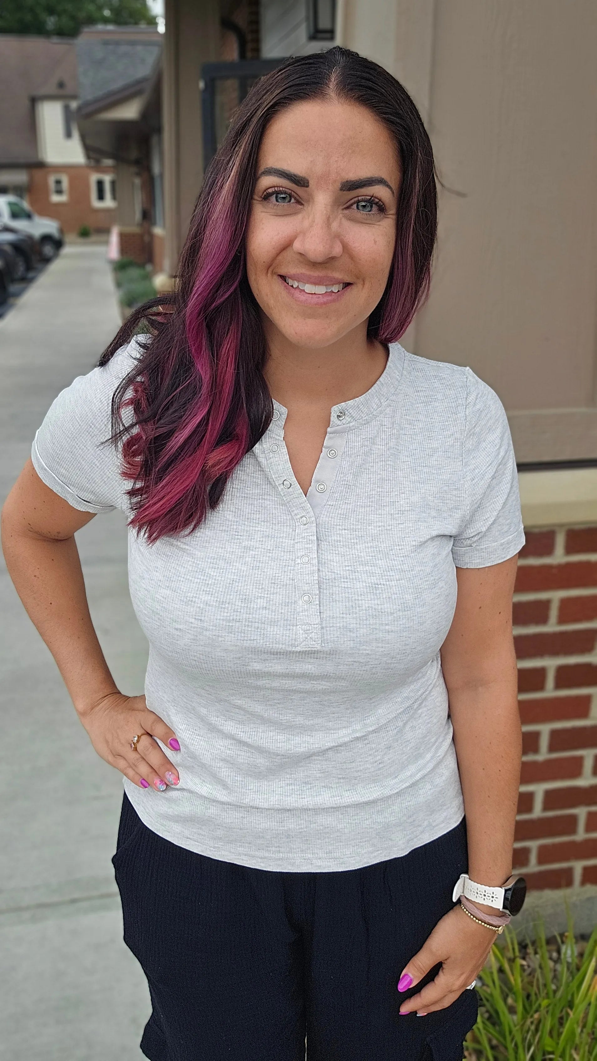 Shop Everyday Snap Henley Tee - Heather Gray- at Ruby Joy Boutique, a Women's Clothing Store in Pickerington, Ohio