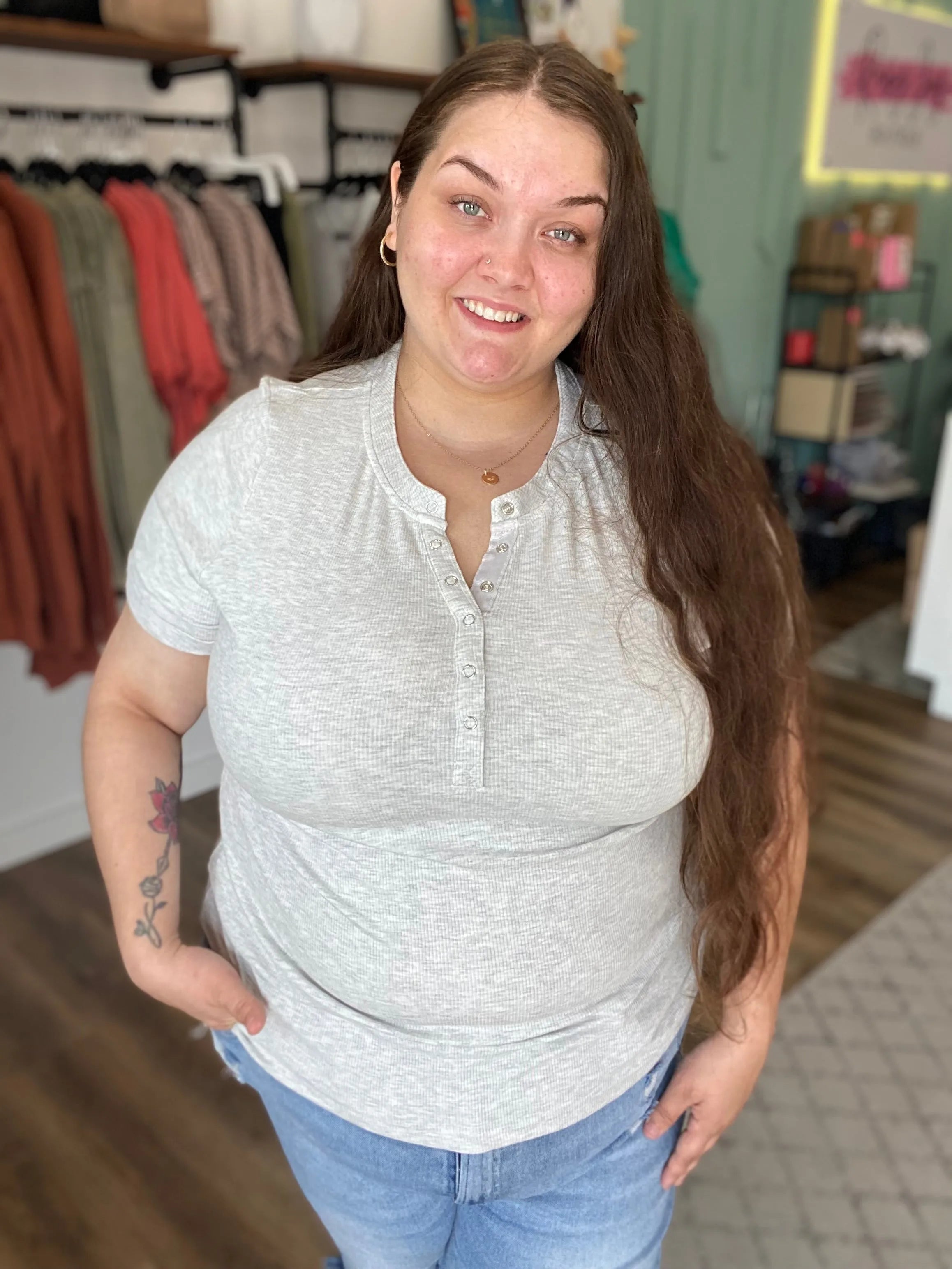 Shop Everyday Snap Henley Tee - Heather Gray-1XL at Ruby Joy Boutique, a Women's Clothing Store in Pickerington, Ohio