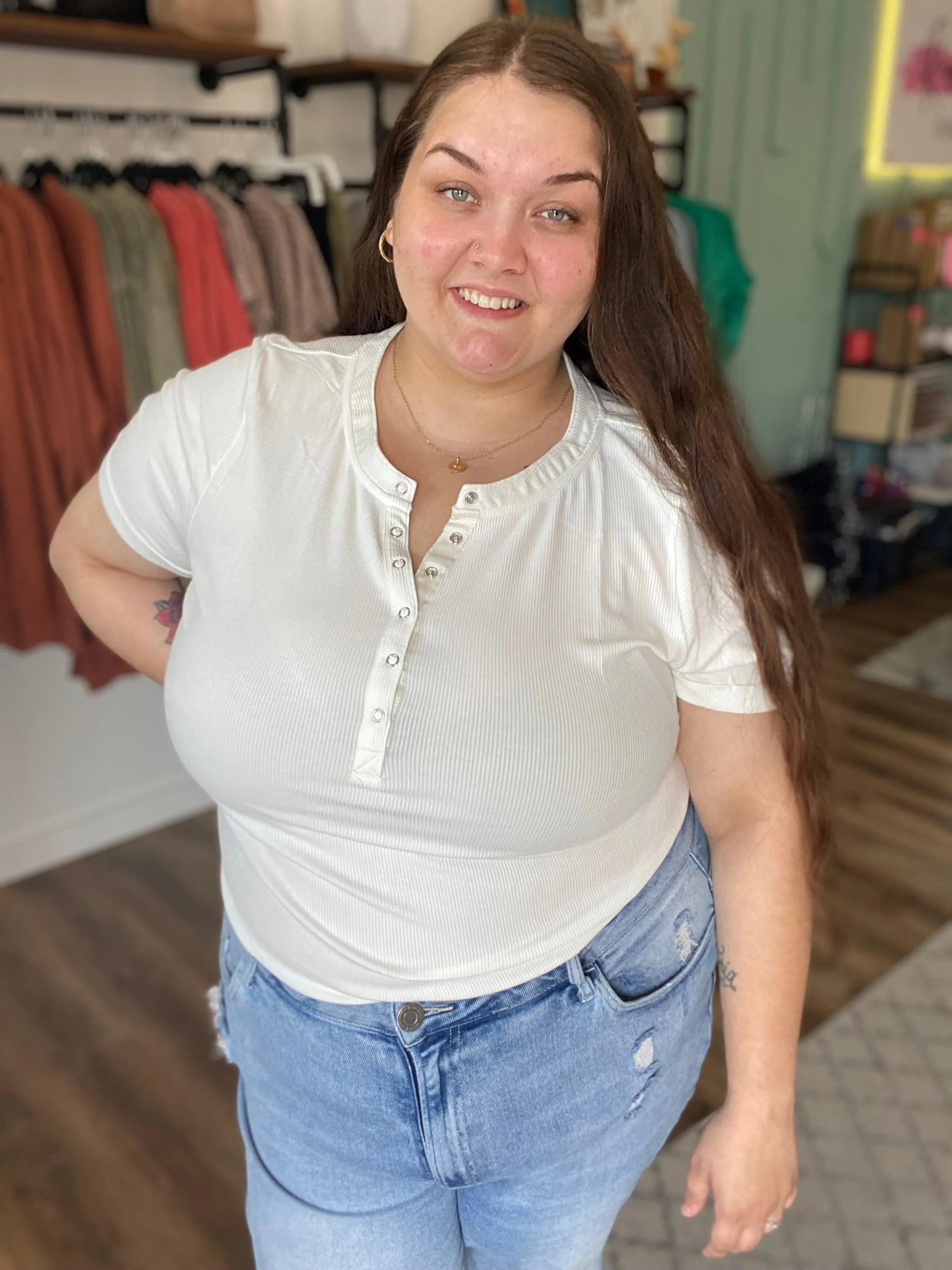 Shop Everyday Snap Henley Tee - Ivory- at Ruby Joy Boutique, a Women's Clothing Store in Pickerington, Ohio