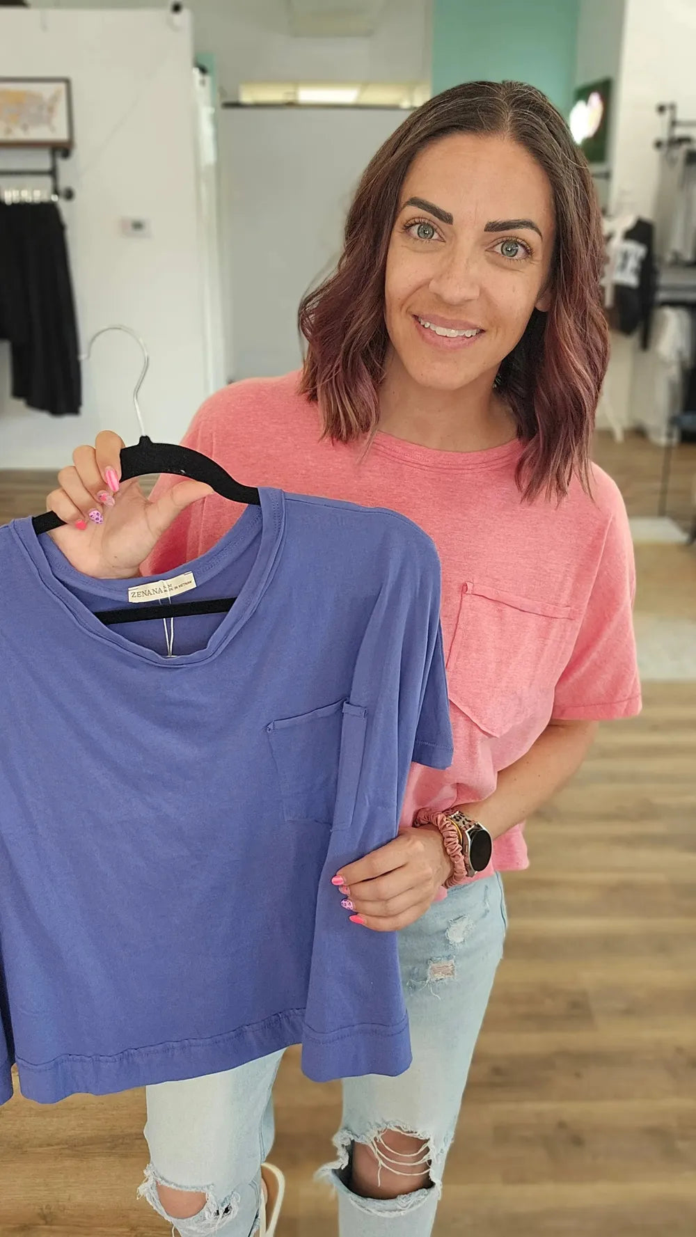 Shop Exposed Seam Boxy Pocket Tee - Vintage Red- at Ruby Joy Boutique, a Women's Clothing Store in Pickerington, Ohio