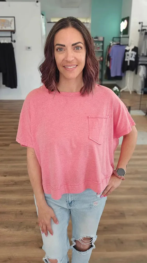 Shop Exposed Seam Boxy Pocket Tee - Vintage Red- at Ruby Joy Boutique, a Women's Clothing Store in Pickerington, Ohio