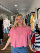 Shop Exposed Seam Boxy Pocket Tee - Vintage Red- at Ruby Joy Boutique, a Women's Clothing Store in Pickerington, Ohio