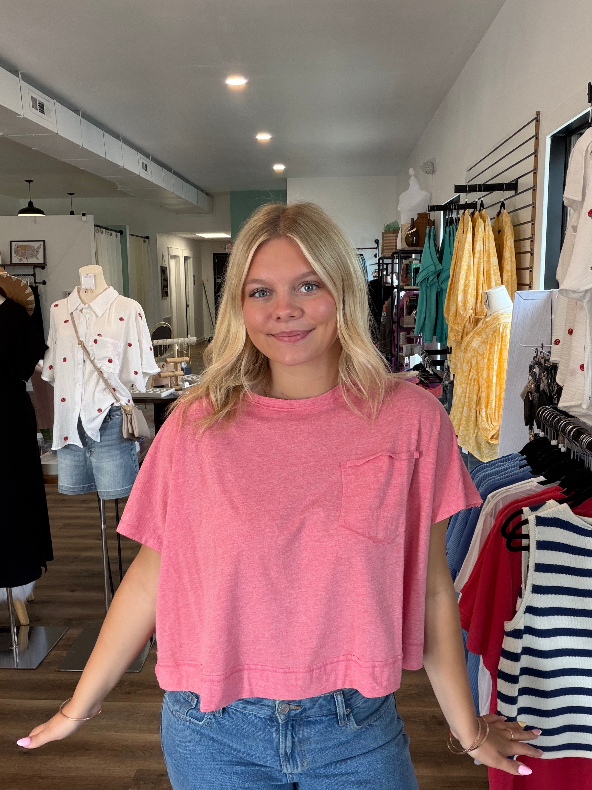 Shop Exposed Seam Boxy Pocket Tee - Vintage Red- at Ruby Joy Boutique, a Women's Clothing Store in Pickerington, Ohio