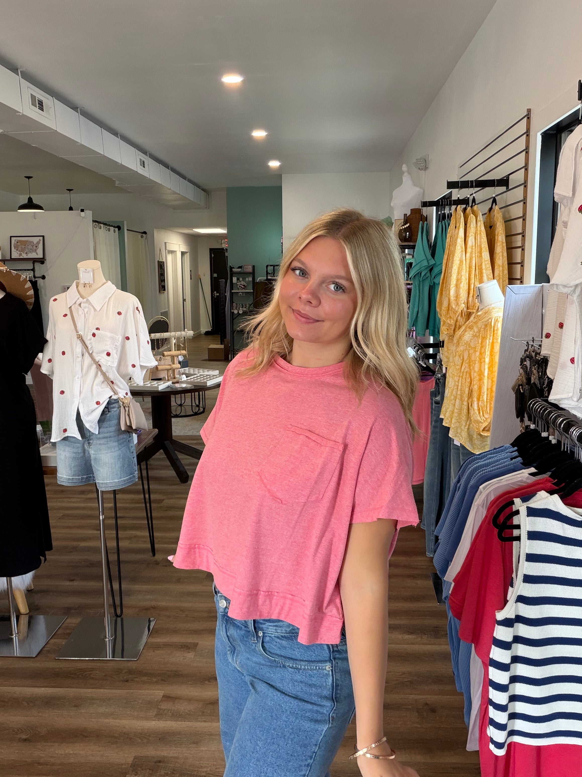 Shop Exposed Seam Boxy Pocket Tee - Vintage Red- at Ruby Joy Boutique, a Women's Clothing Store in Pickerington, Ohio