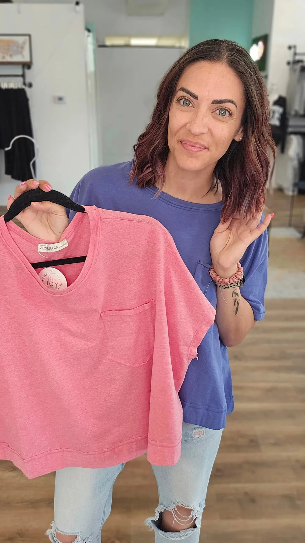Shop Exposed Seam Boxy Tee with Pocket - Marlin- at Ruby Joy Boutique, a Women's Clothing Store in Pickerington, Ohio