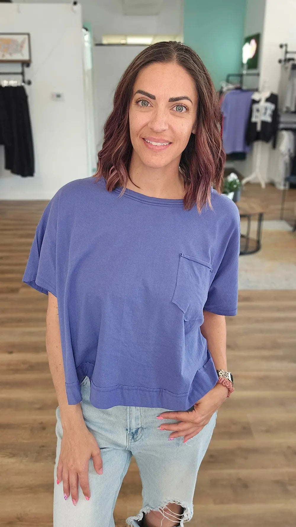 Shop Exposed Seam Boxy Tee with Pocket - Marlin- at Ruby Joy Boutique, a Women's Clothing Store in Pickerington, Ohio
