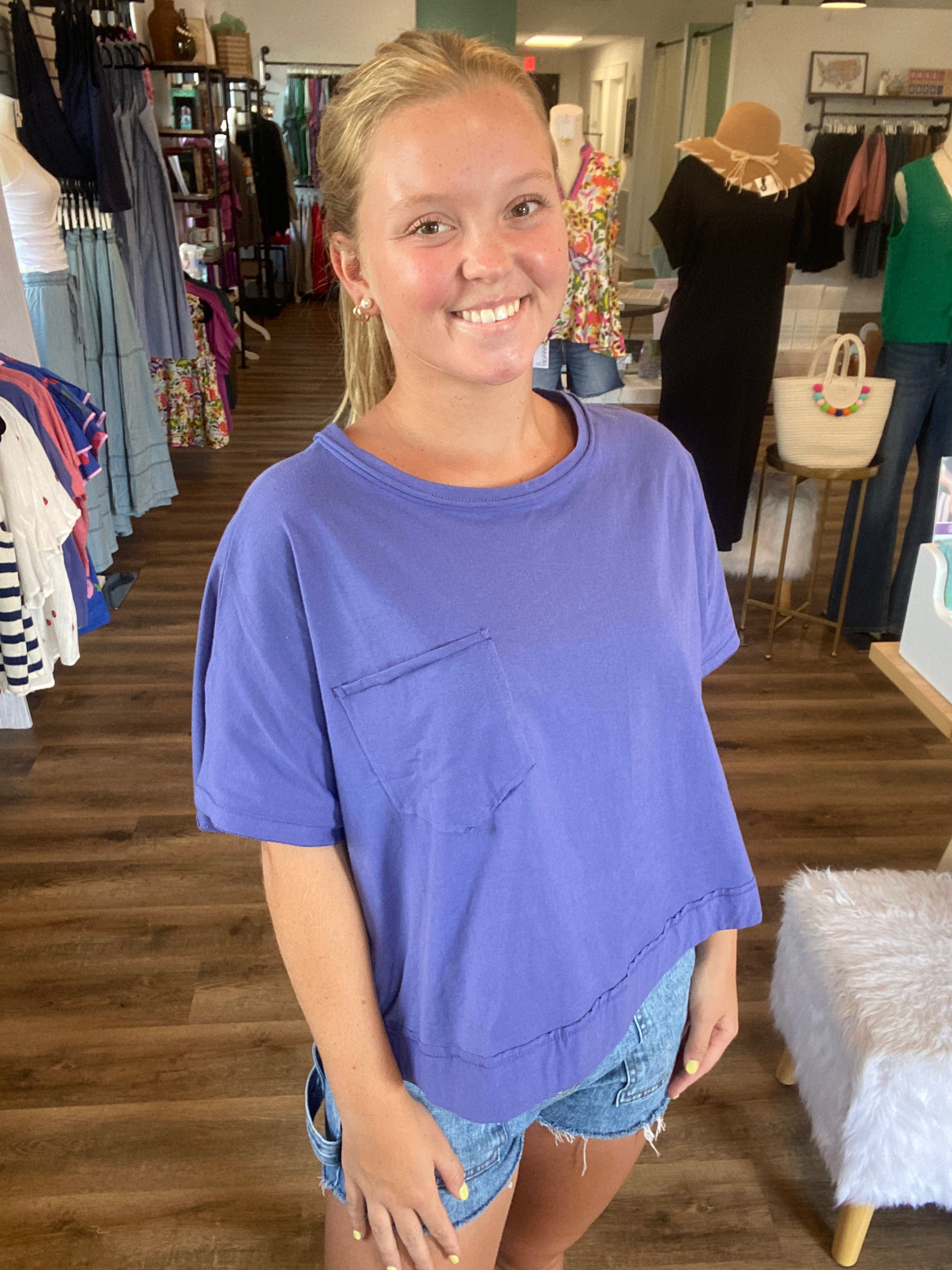 Shop Exposed Seam Boxy Tee with Pocket - Marlin- at Ruby Joy Boutique, a Women's Clothing Store in Pickerington, Ohio