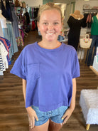Shop Exposed Seam Boxy Tee with Pocket - Marlin- at Ruby Joy Boutique, a Women's Clothing Store in Pickerington, Ohio