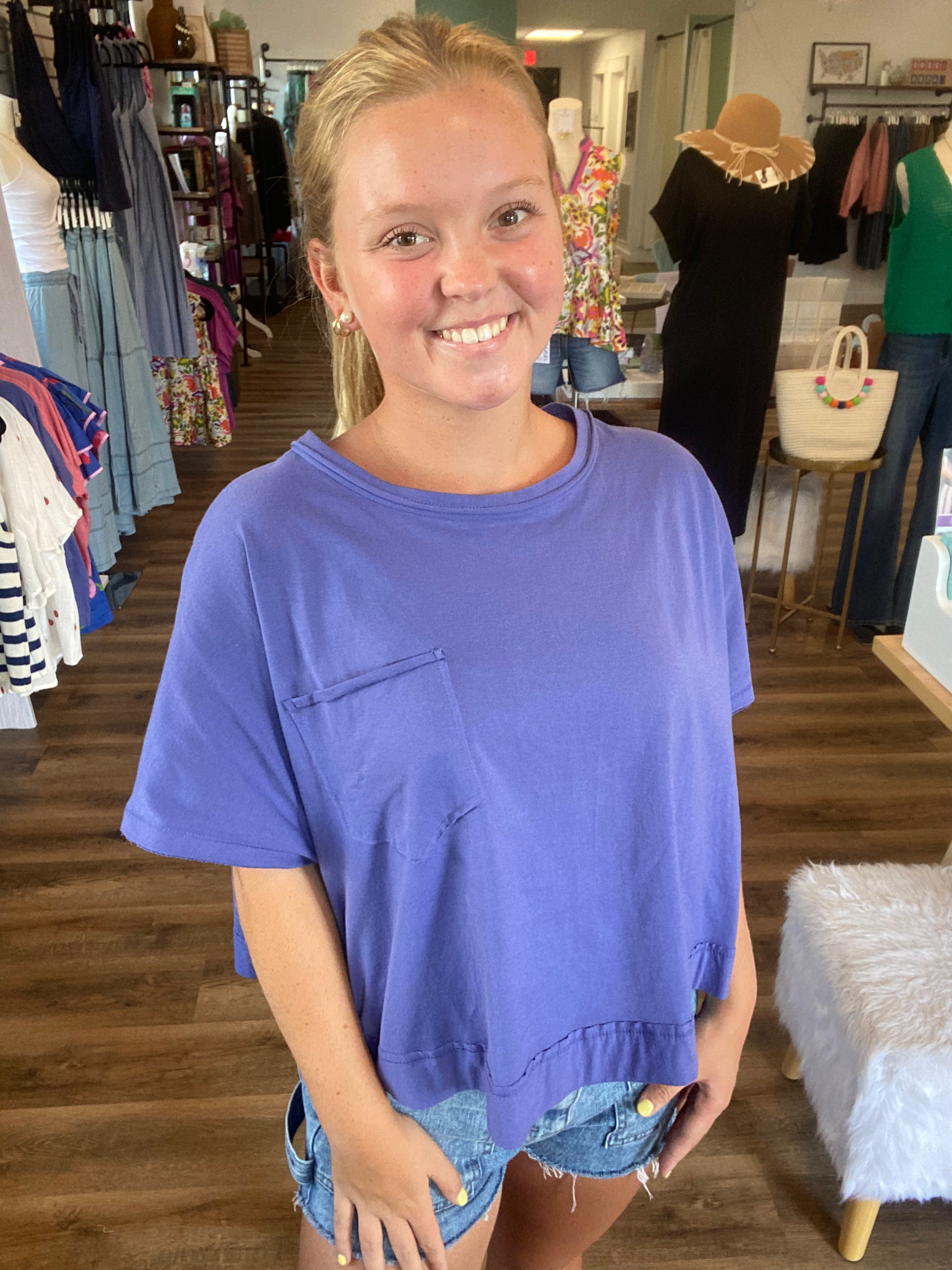 Shop Exposed Seam Boxy Tee with Pocket - Marlin- at Ruby Joy Boutique, a Women's Clothing Store in Pickerington, Ohio