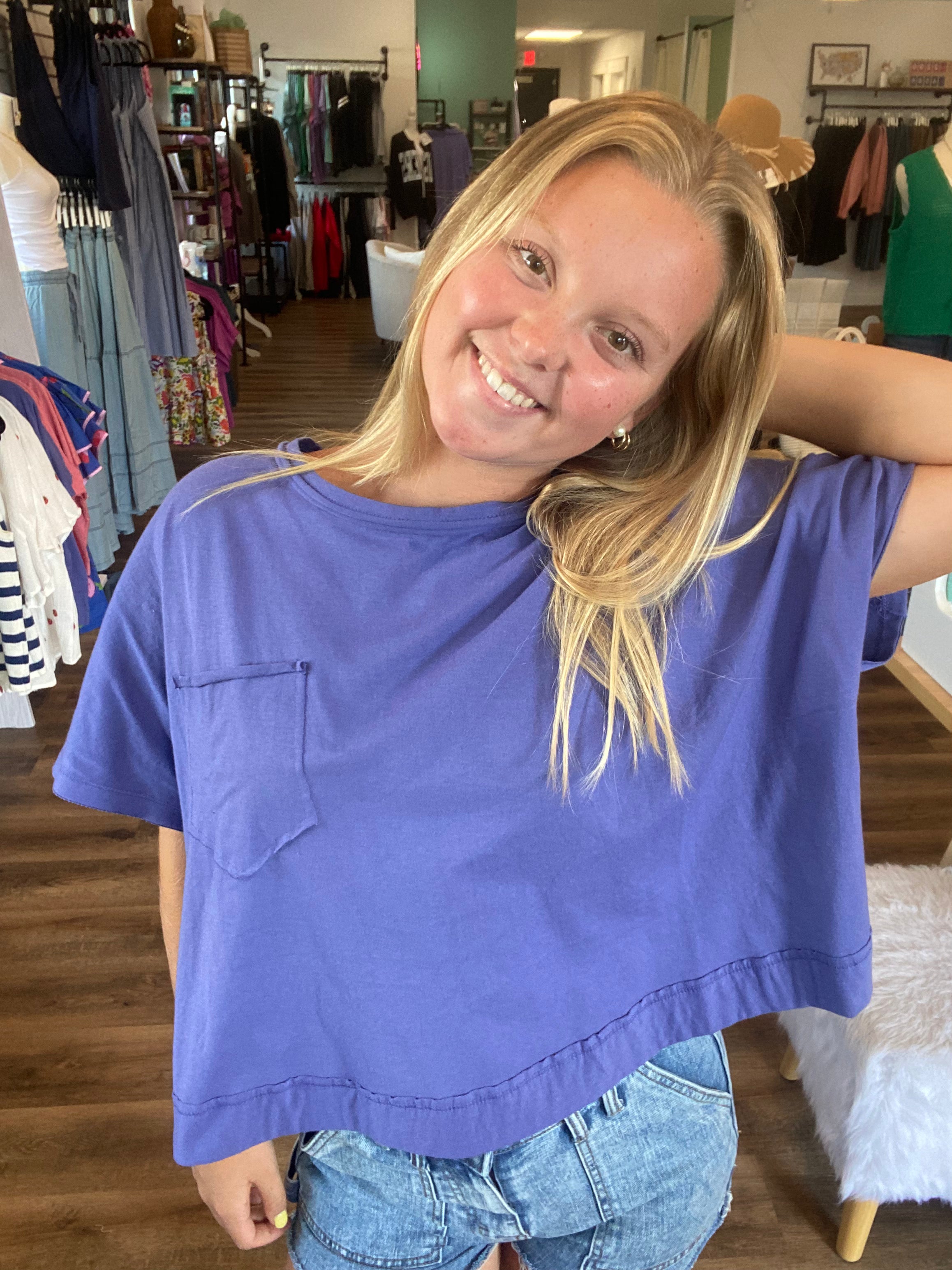 Shop Exposed Seam Boxy Tee with Pocket - Marlin- at Ruby Joy Boutique, a Women's Clothing Store in Pickerington, Ohio