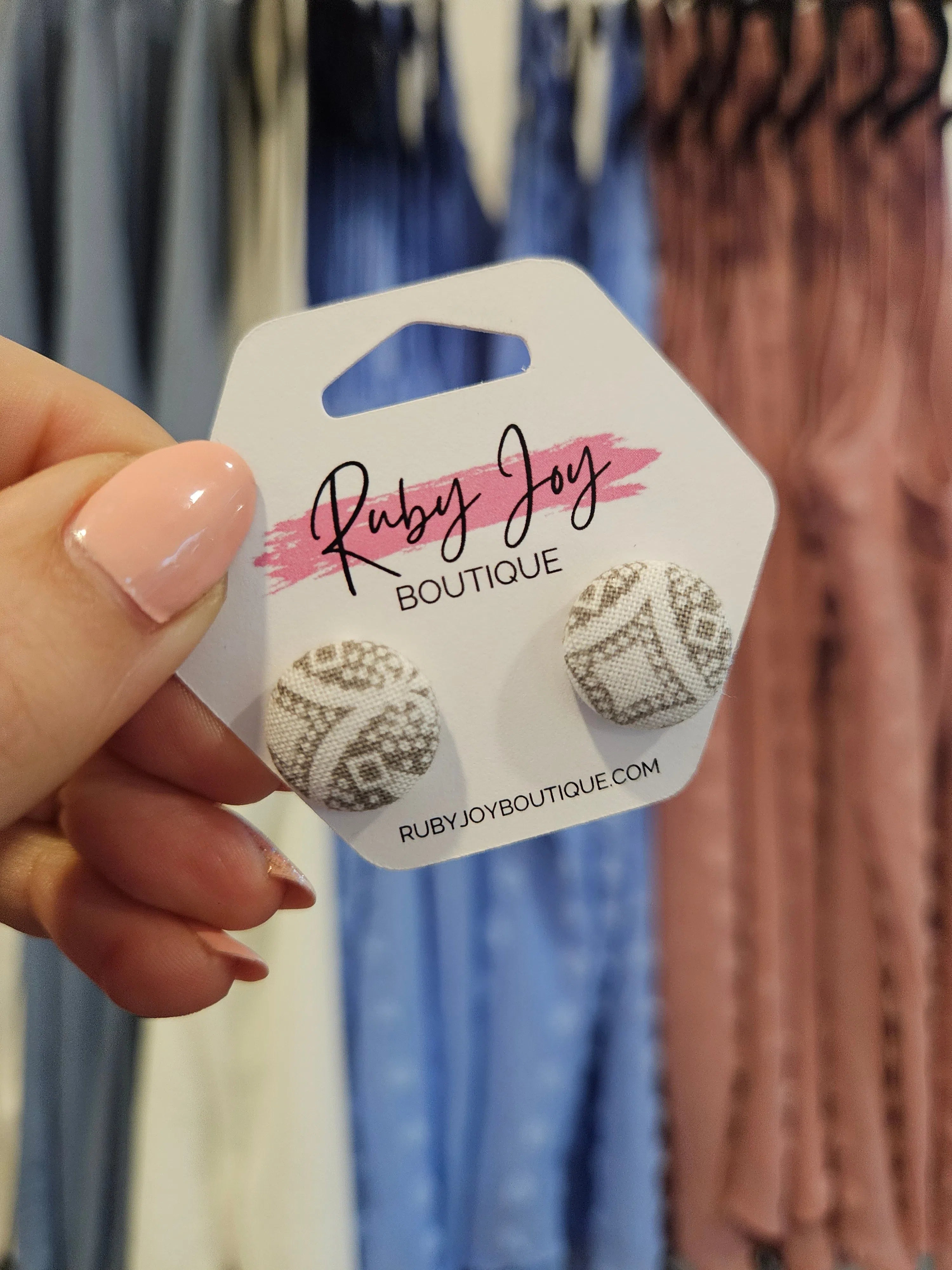 Shop Fabric Covered Button Earrings-Earrings at Ruby Joy Boutique, a Women's Clothing Store in Pickerington, Ohio