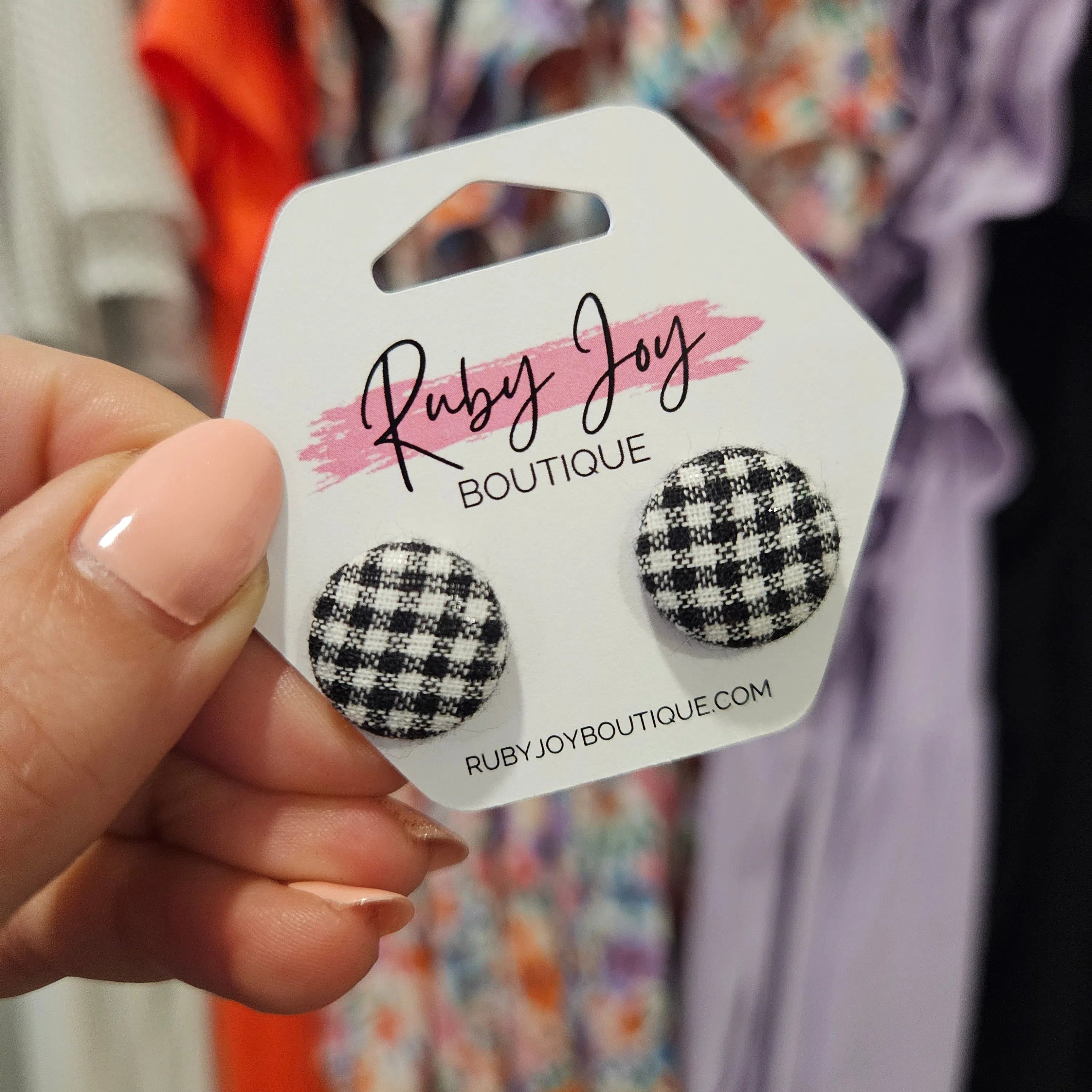 Shop Fabric Covered Button Earrings-Earrings at Ruby Joy Boutique, a Women's Clothing Store in Pickerington, Ohio