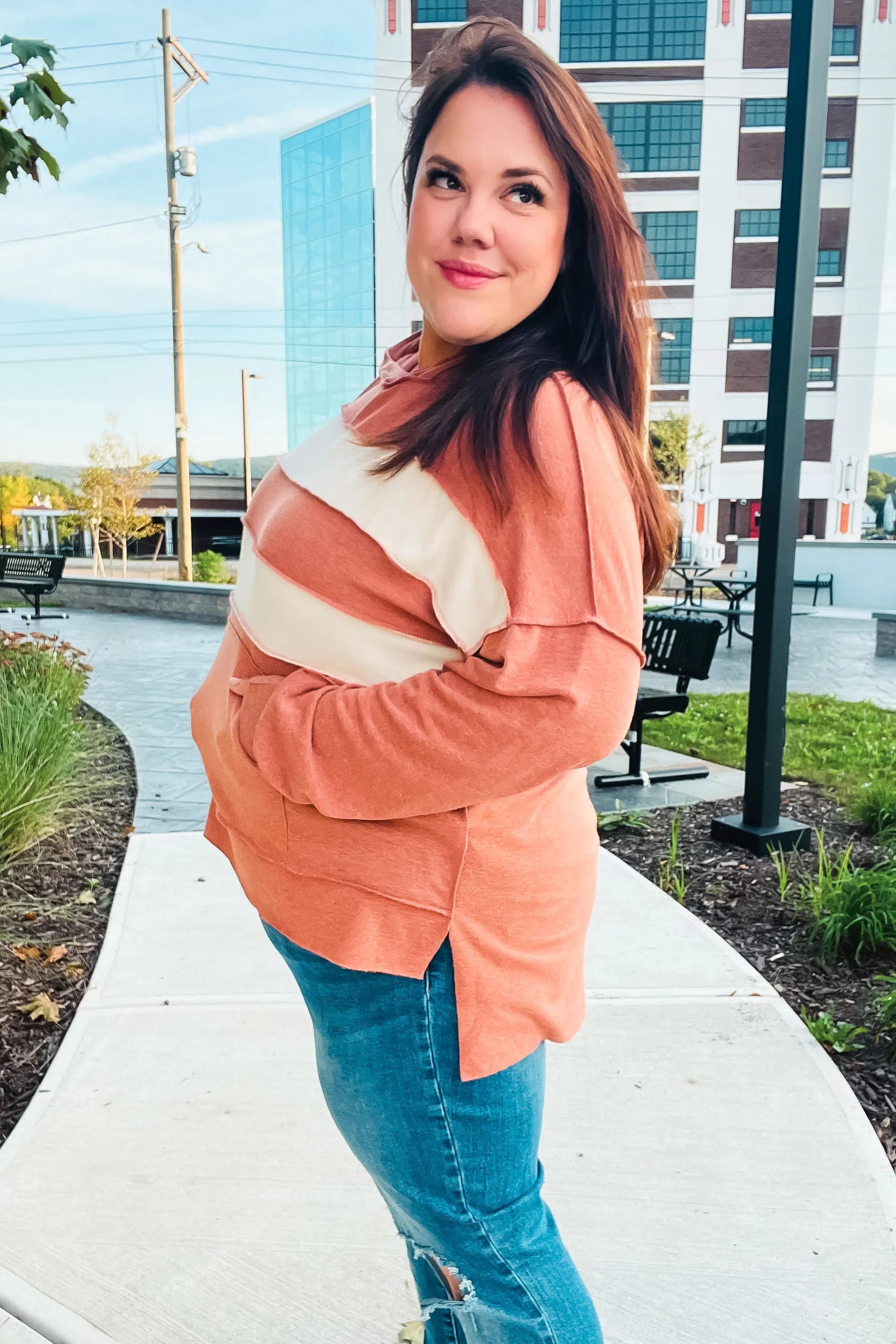 Shop Feeling Playful Rust Stripe Color Block French Terry Hoodie- at Ruby Joy Boutique, a Women's Clothing Store in Pickerington, Ohio