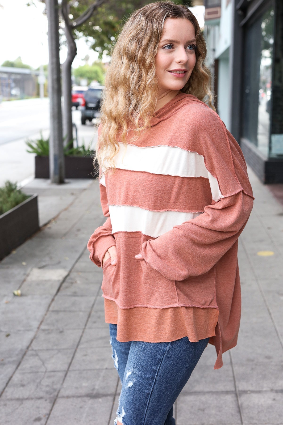 Shop Feeling Playful Rust Stripe Color Block French Terry Hoodie- at Ruby Joy Boutique, a Women's Clothing Store in Pickerington, Ohio