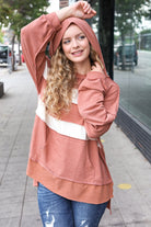 Shop Feeling Playful Rust Stripe Color Block French Terry Hoodie- at Ruby Joy Boutique, a Women's Clothing Store in Pickerington, Ohio