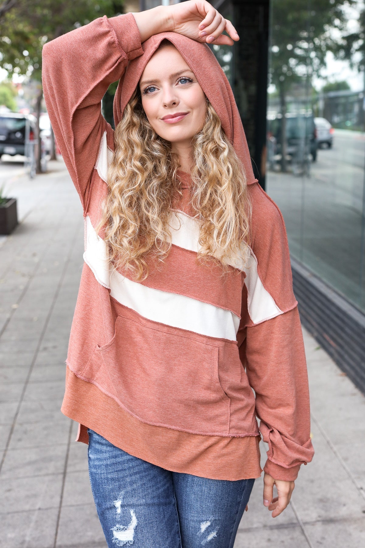 Shop Feeling Playful Rust Stripe Color Block French Terry Hoodie- at Ruby Joy Boutique, a Women's Clothing Store in Pickerington, Ohio