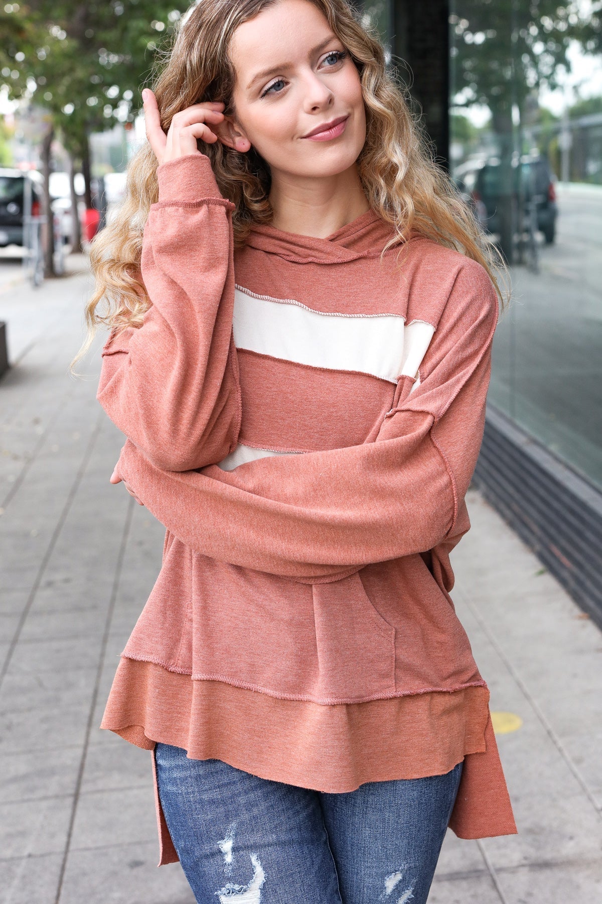 Shop Feeling Playful Rust Stripe Color Block French Terry Hoodie- at Ruby Joy Boutique, a Women's Clothing Store in Pickerington, Ohio