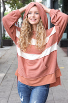 Shop Feeling Playful Rust Stripe Color Block French Terry Hoodie- at Ruby Joy Boutique, a Women's Clothing Store in Pickerington, Ohio