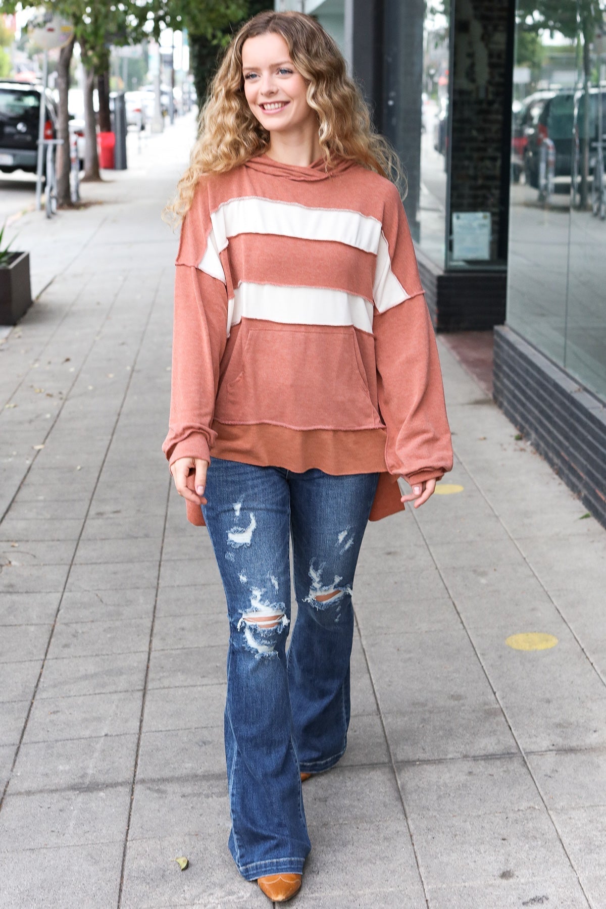 Shop Feeling Playful Rust Stripe Color Block French Terry Hoodie- at Ruby Joy Boutique, a Women's Clothing Store in Pickerington, Ohio