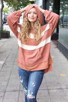 Shop Feeling Playful Rust Stripe Color Block French Terry Hoodie- at Ruby Joy Boutique, a Women's Clothing Store in Pickerington, Ohio